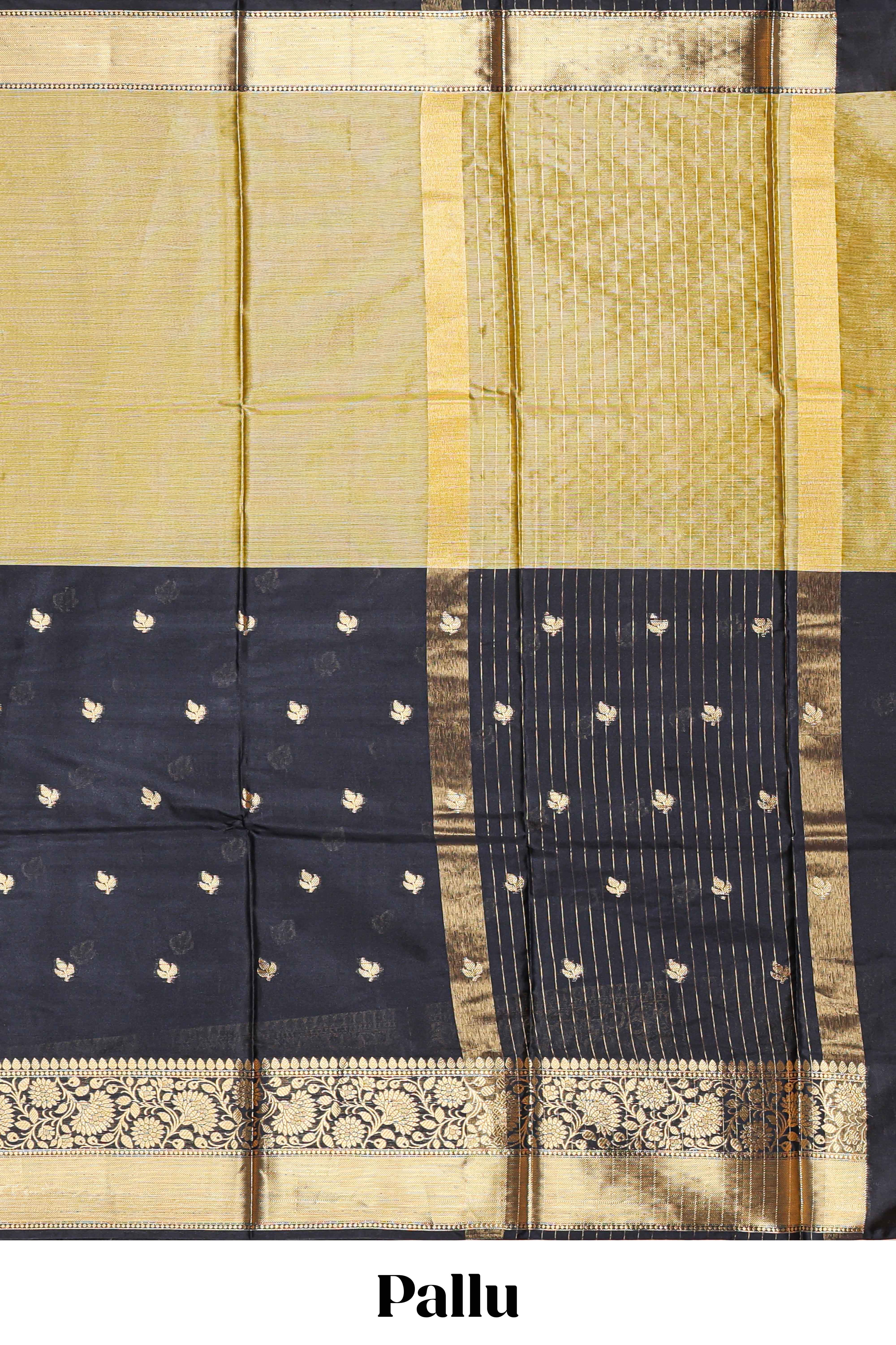 Black floral butta detailed Semi Soft Silk Saree with rich gold floral zari borders along with matching blouse
