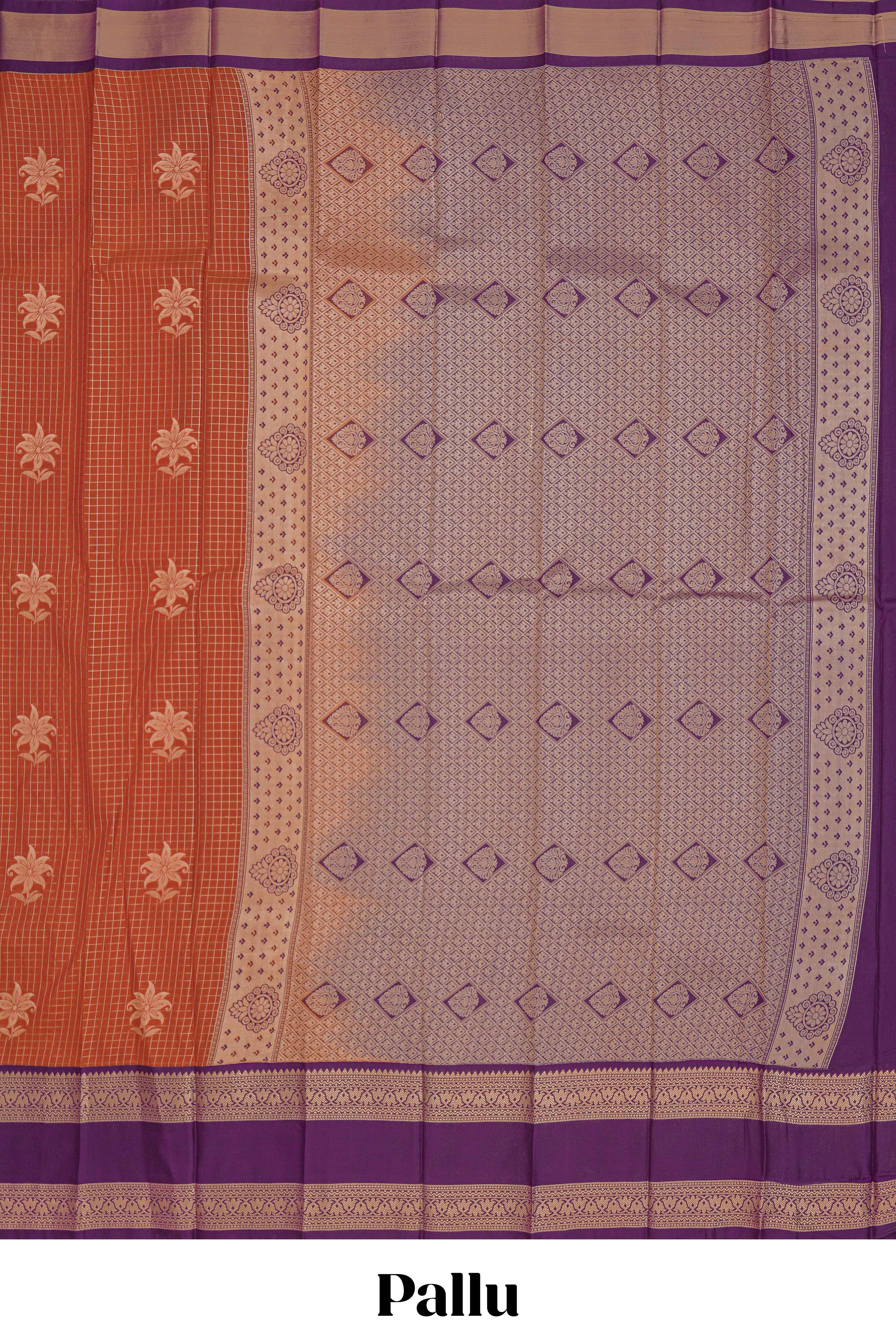 Rust orange checked floral zari motifs design semi soft silk saree with contrast border and zari blouse