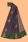 Violet stripes zari motifs design semi soft silk saree with contrast border and zari blouse