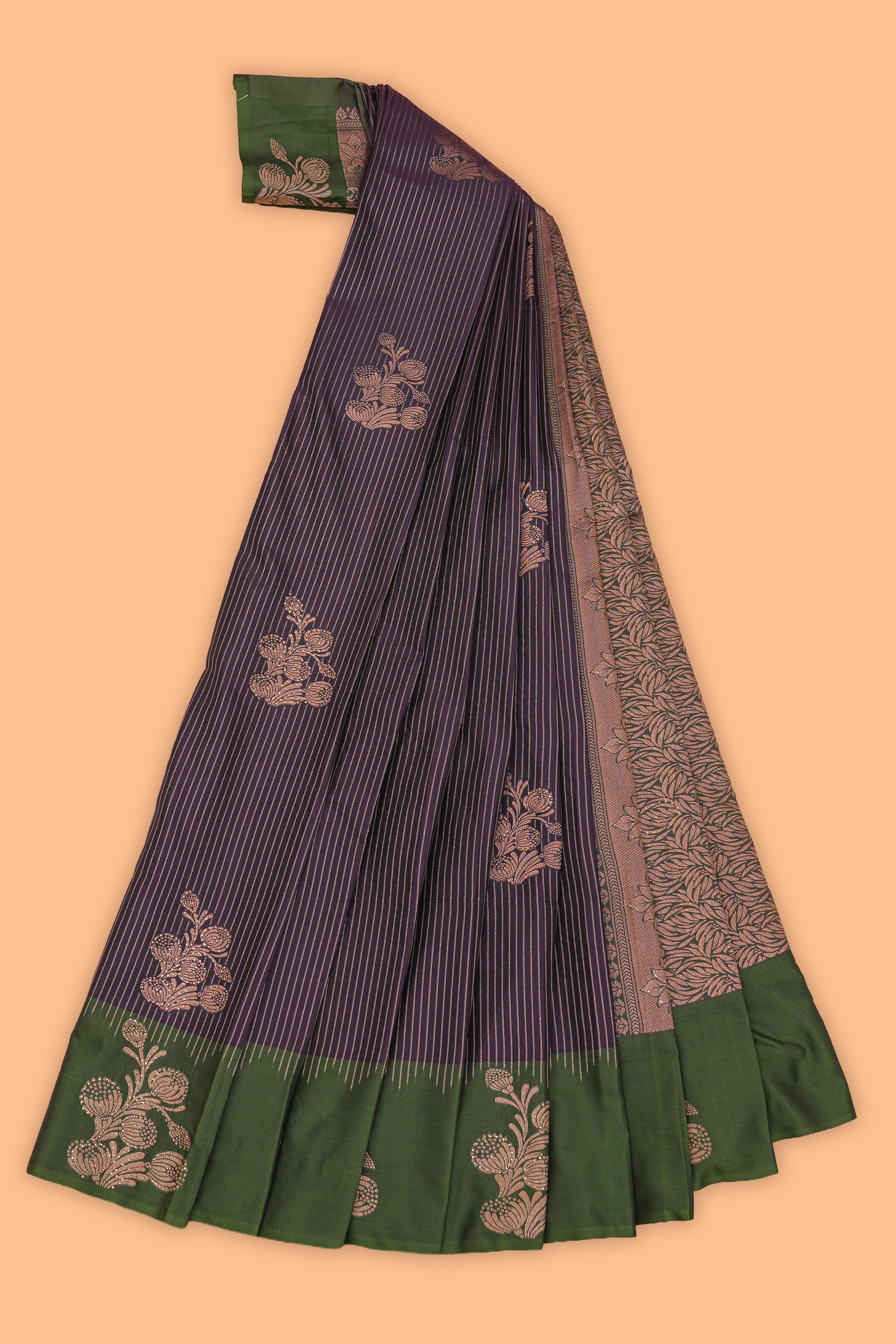 Violet stripes zari motifs design semi soft silk saree with contrast border and zari blouse