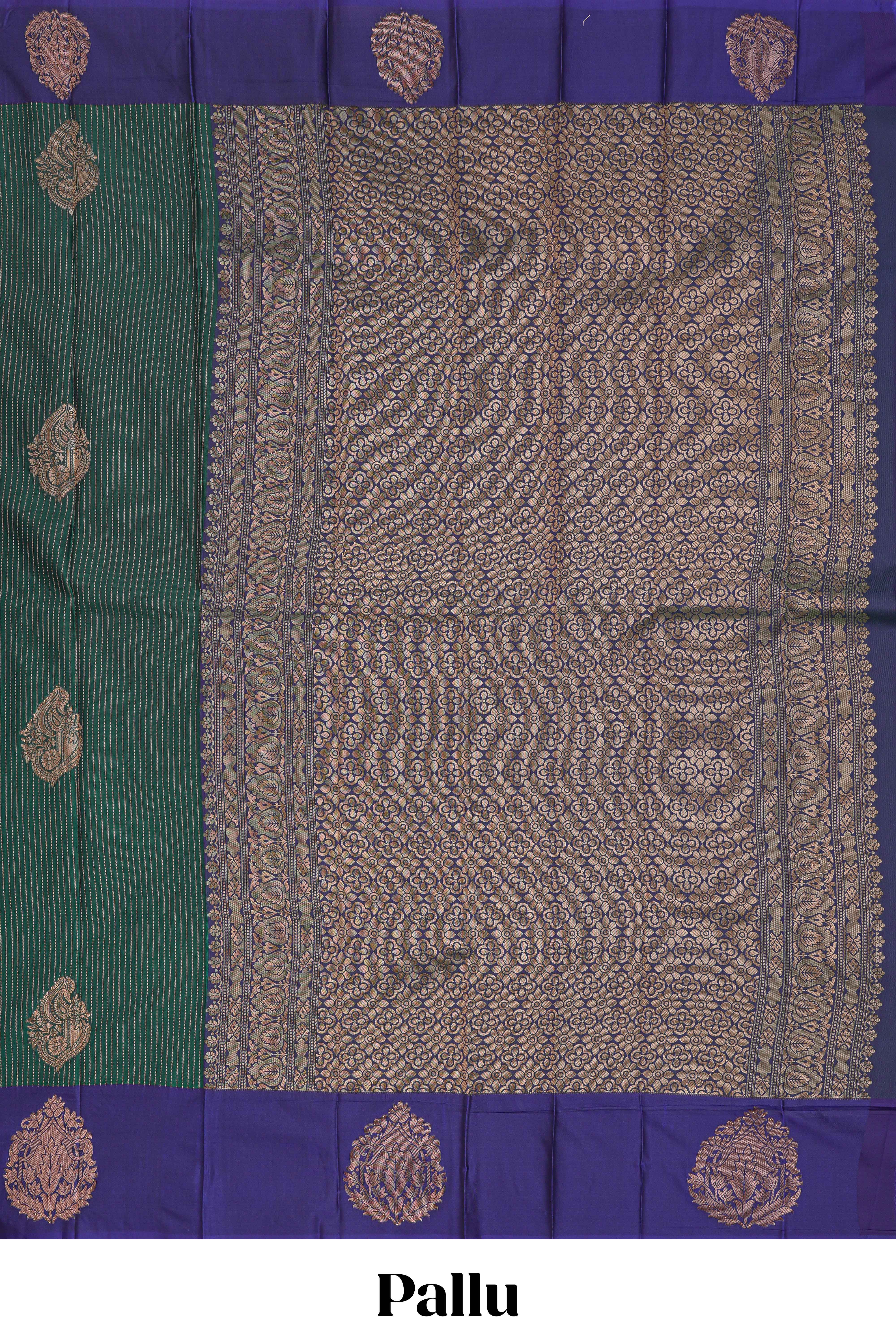 Green stripes zari motifs design semi soft silk saree with contrast border and zari blouse