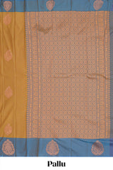 Mustard stripes zari motifs design semi soft silk saree with contrast border and zari blouse