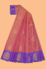 Pink stripes zari motifs design semi soft silk saree with contrast border and zari blouse
