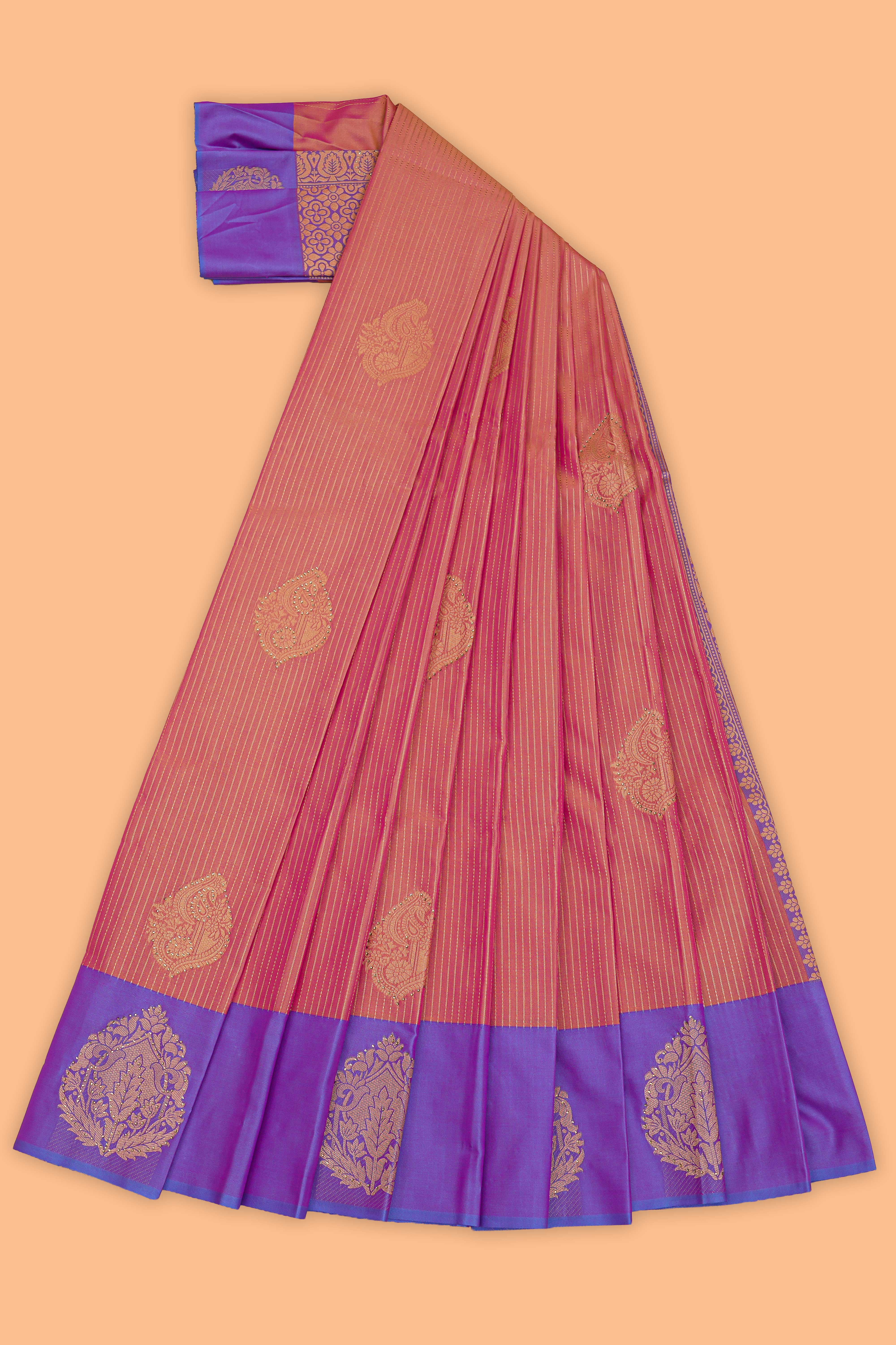 Pink stripes zari motifs design semi soft silk saree with contrast border and zari blouse