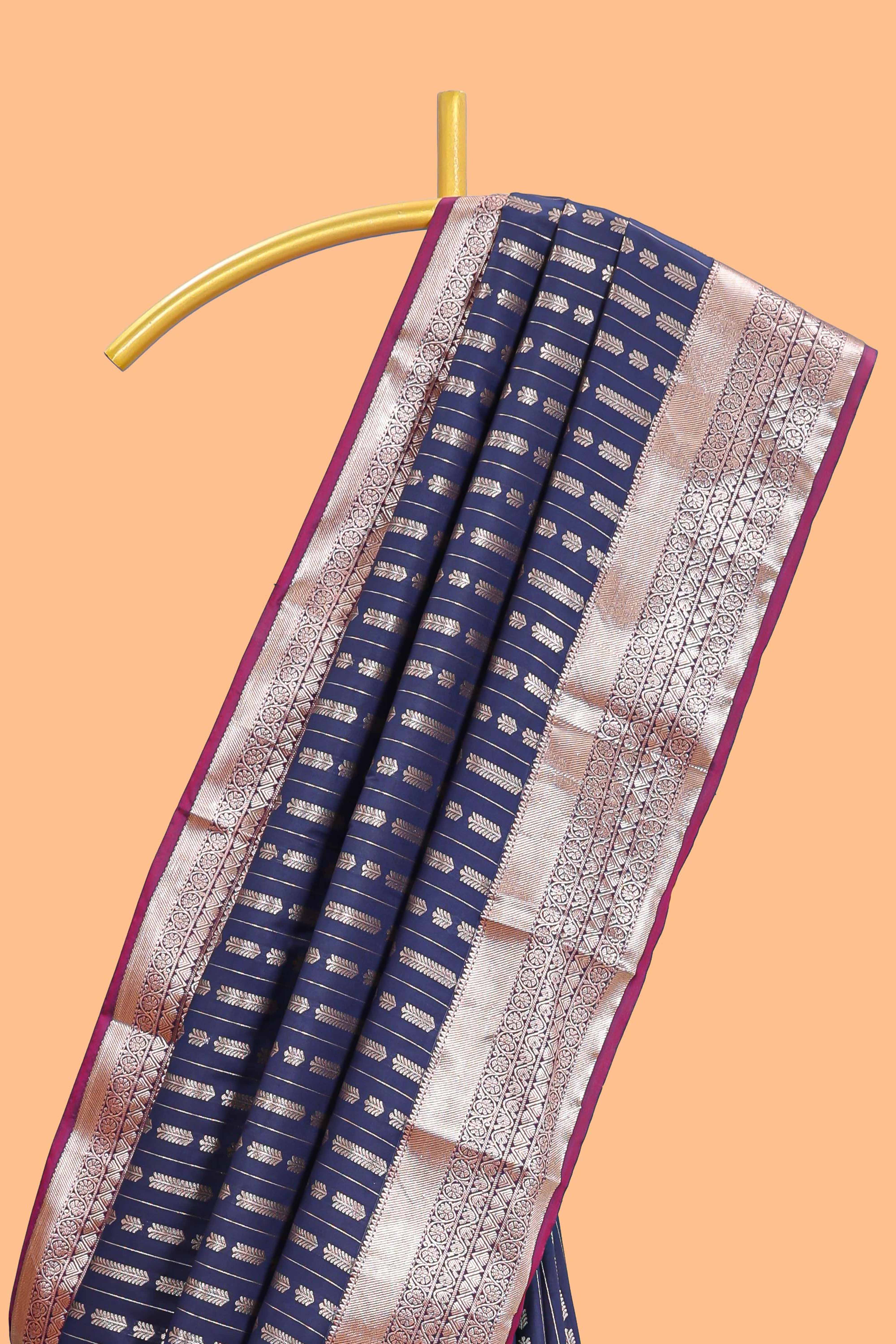 Blue striped floral design semi soft silk saree with contrast border and blouse