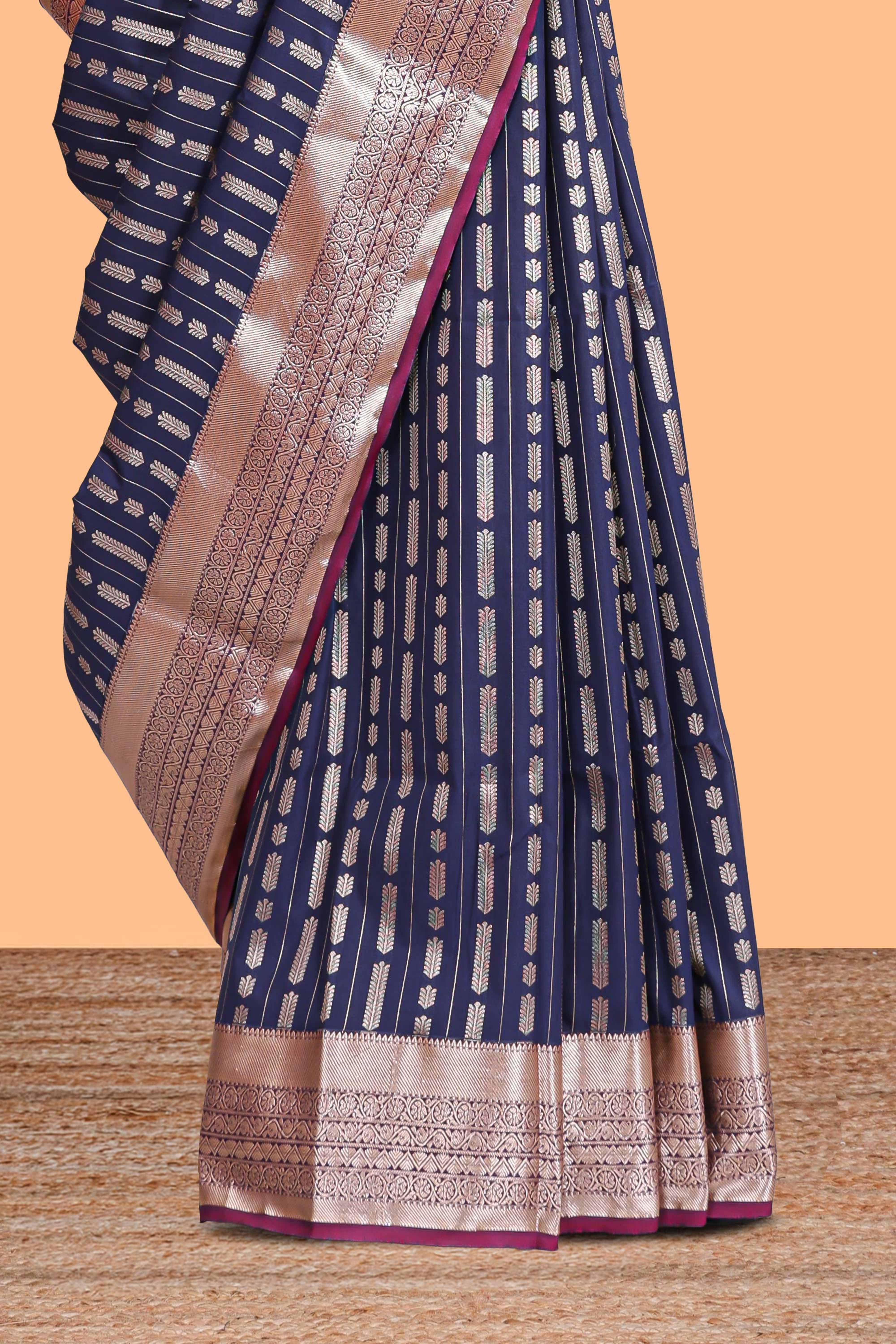 Blue striped floral design semi soft silk saree with contrast border and blouse