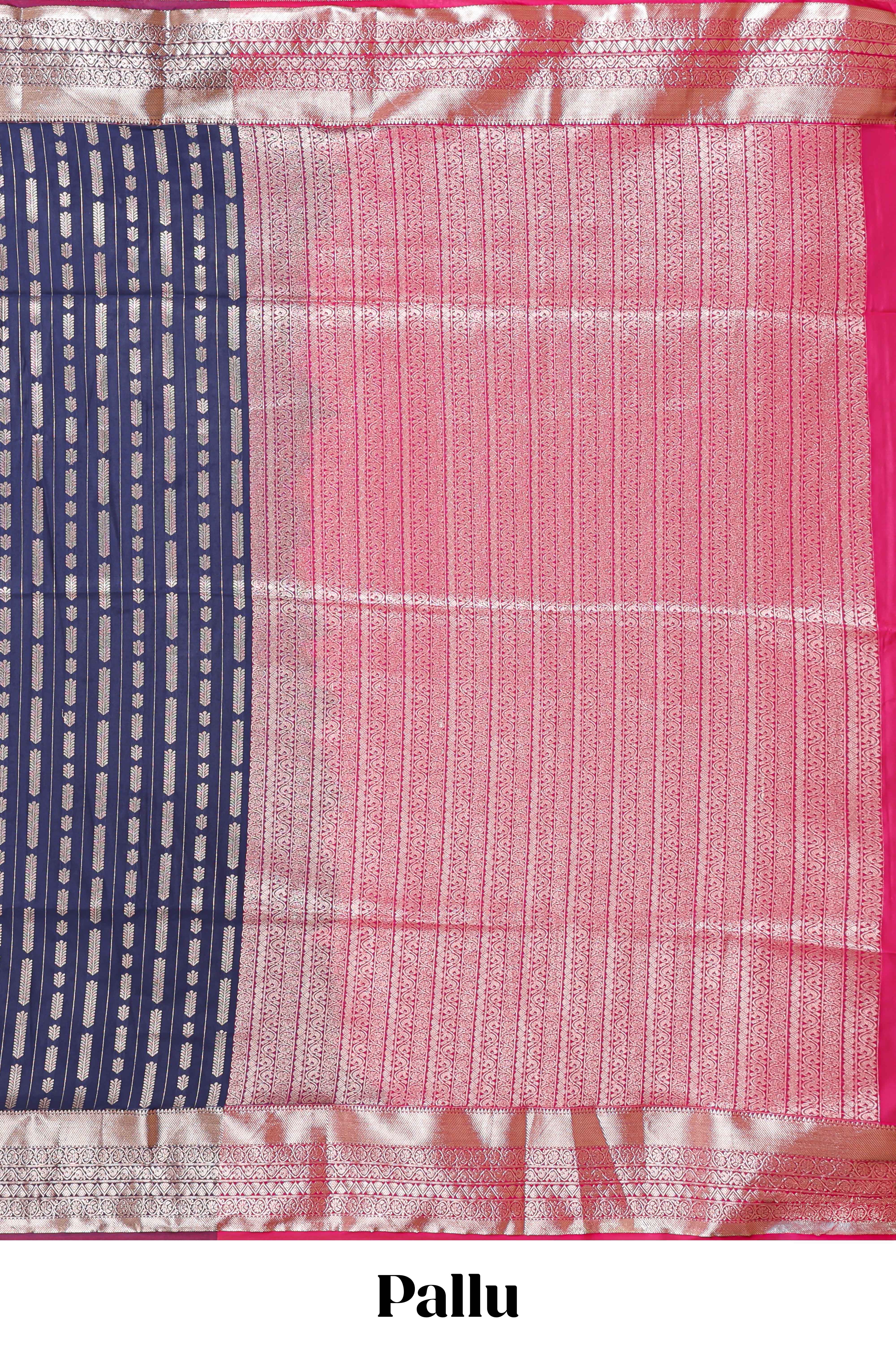 Blue striped floral design semi soft silk saree with contrast border and blouse
