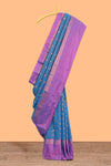 Steel blue checked floral design motifs semi soft silk saree with contrast border and blouse