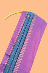 Steel blue checked floral design motifs semi soft silk saree with contrast border and blouse