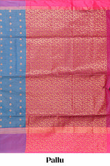 Steel blue checked floral design motifs semi soft silk saree with contrast border and blouse