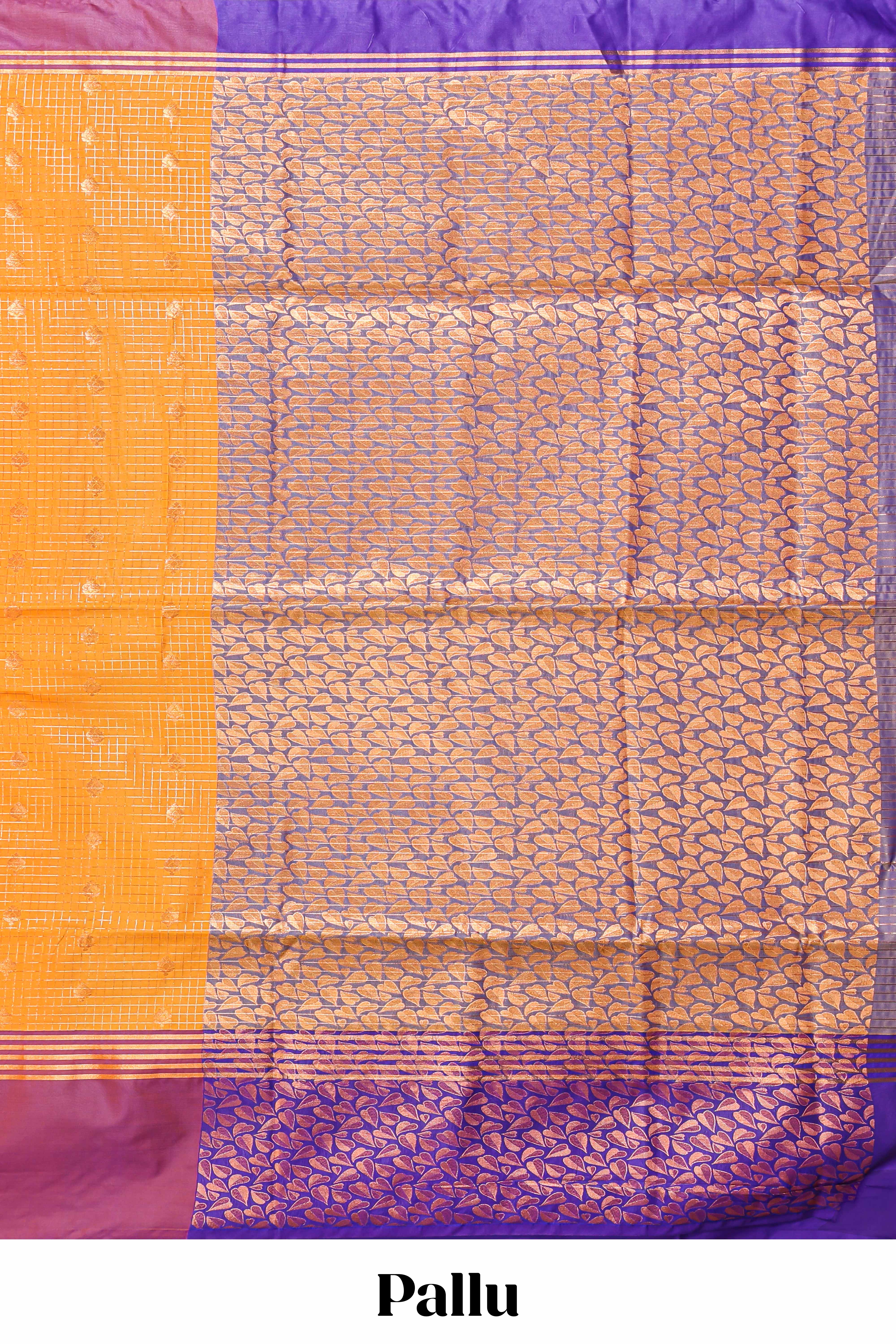 Orange checked floral design motifs semi soft silk saree with contrast border and blouse