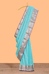 Blue striped floral design semi soft silk saree with contrast border and blouse