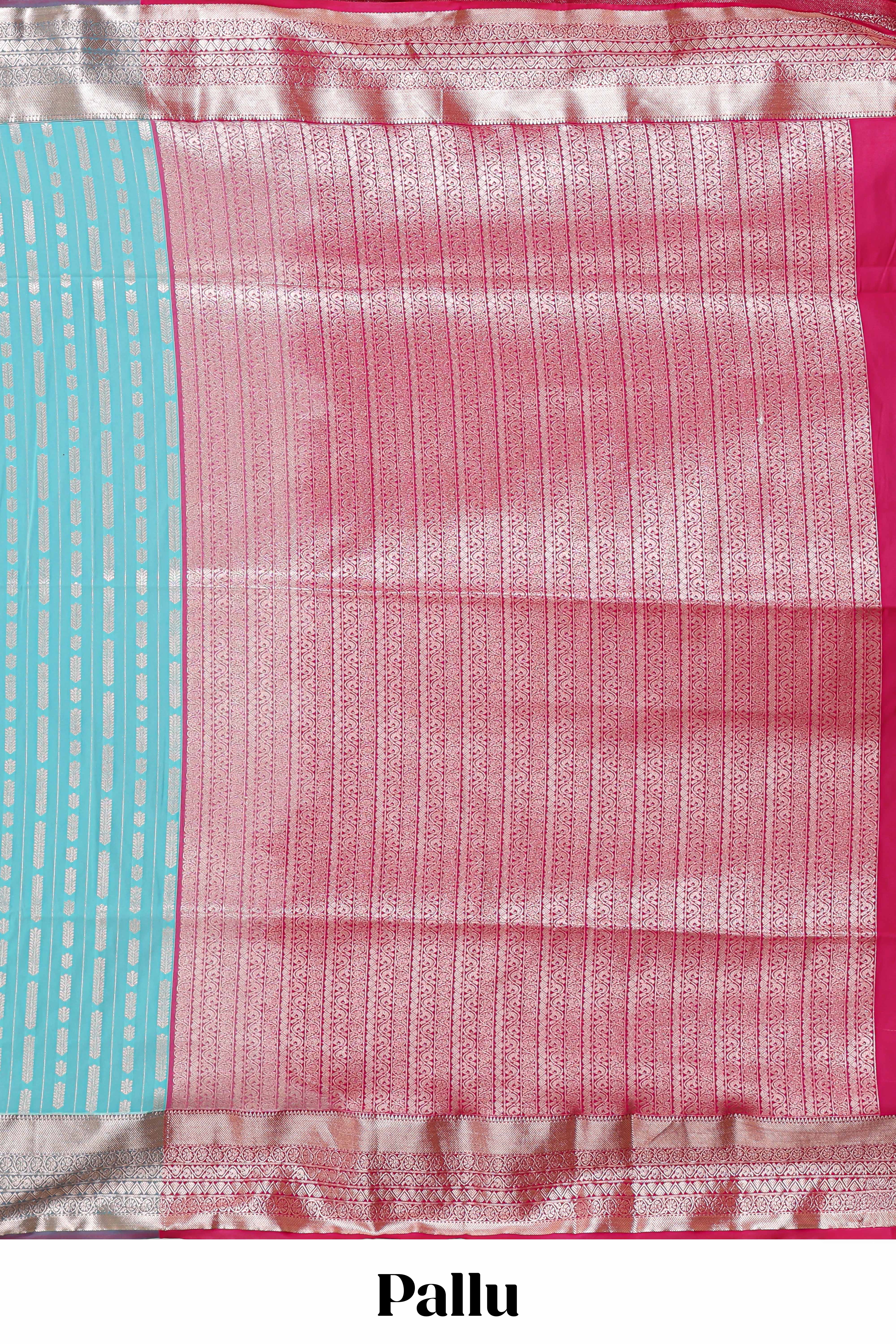 Blue striped floral design semi soft silk saree with contrast border and blouse
