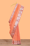 Orange striped floral design semi soft silk saree with contrast border and blouse
