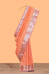 Orange striped floral design semi soft silk saree with contrast border and blouse