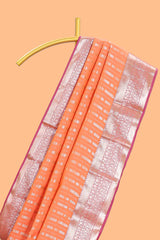 Orange striped floral design semi soft silk saree with contrast border and blouse
