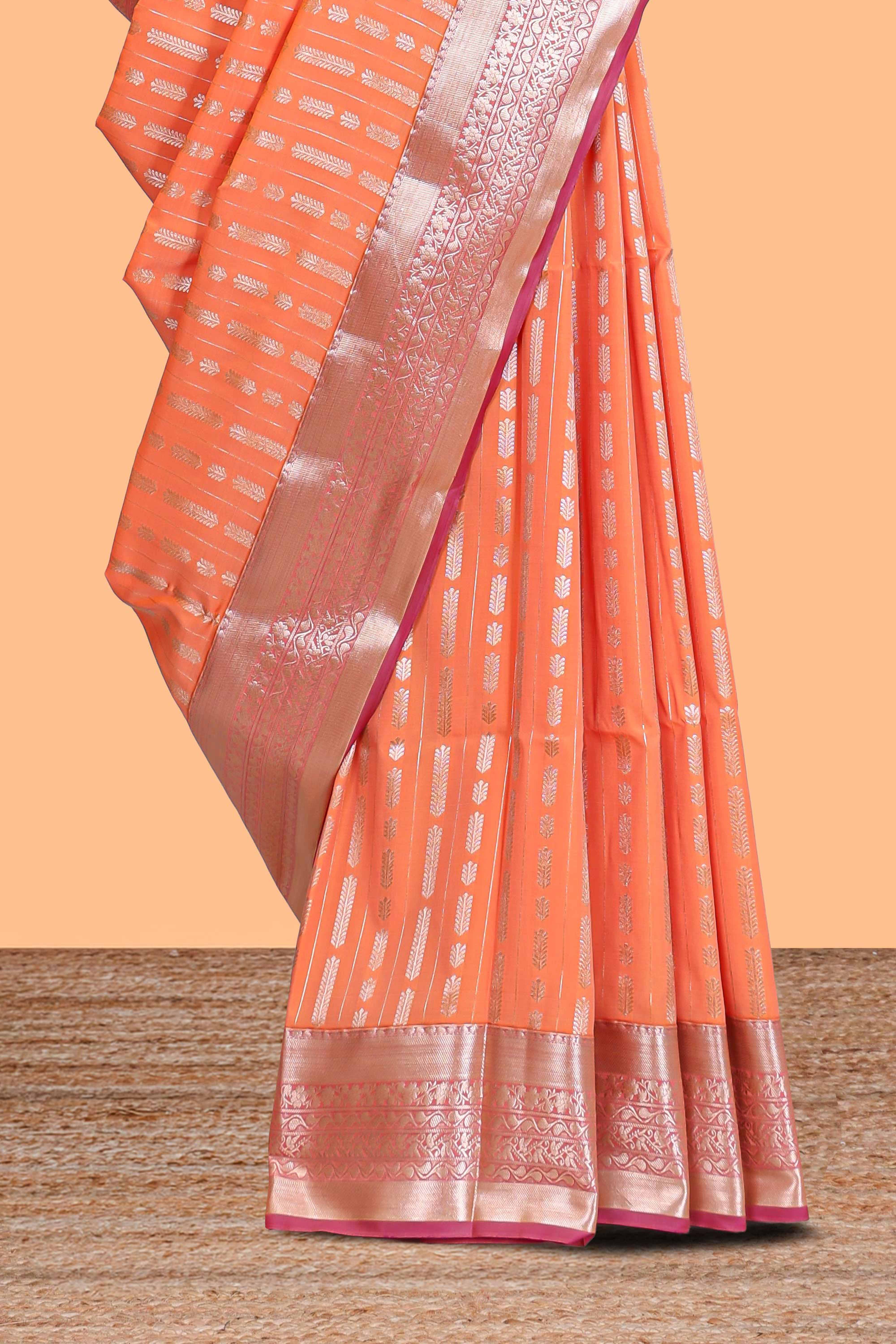 Orange striped floral design semi soft silk saree with contrast border and blouse