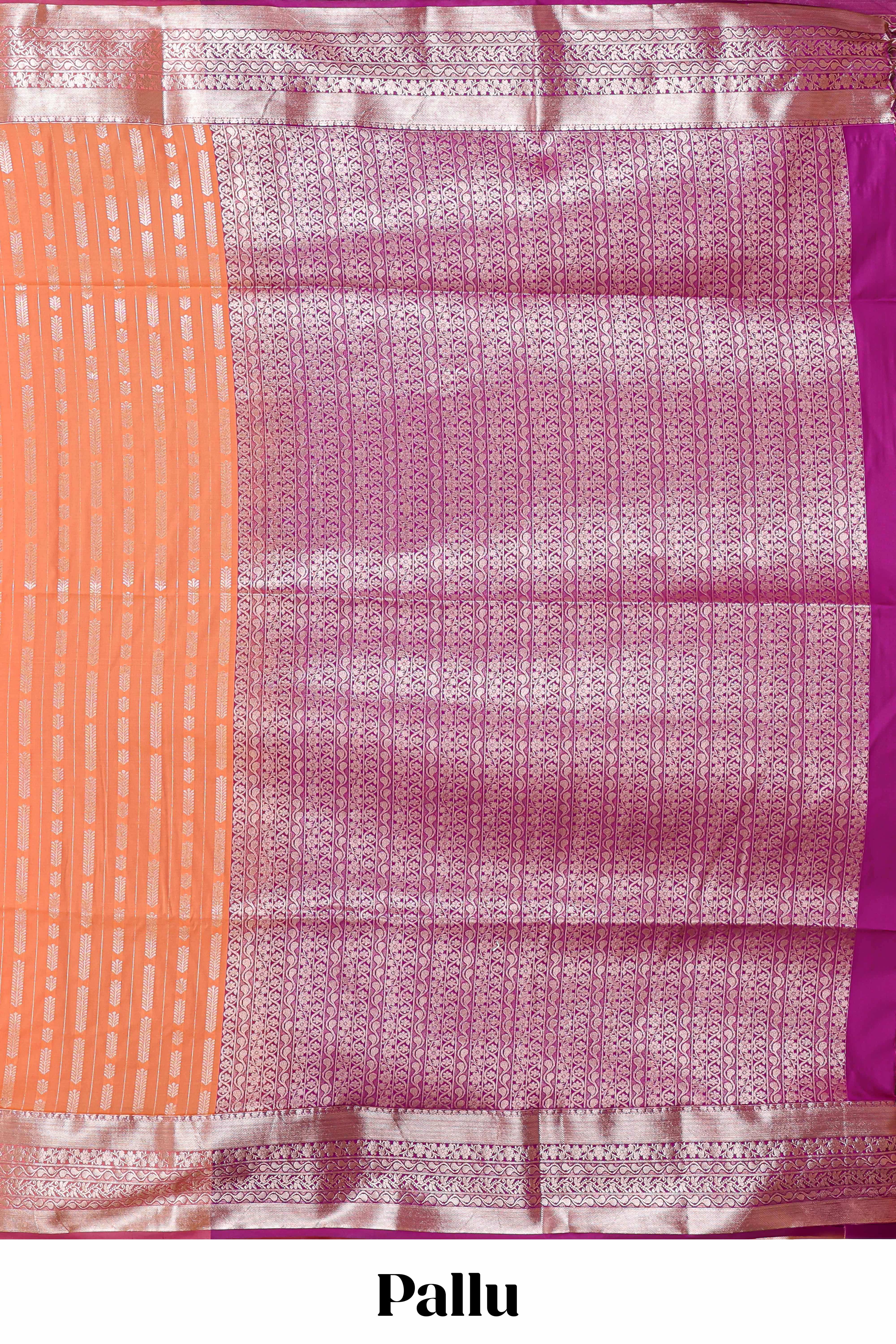 Orange striped floral design semi soft silk saree with contrast border and blouse
