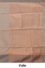 Grey checked floral design motifs semi soft silk saree with contrast border and blouse