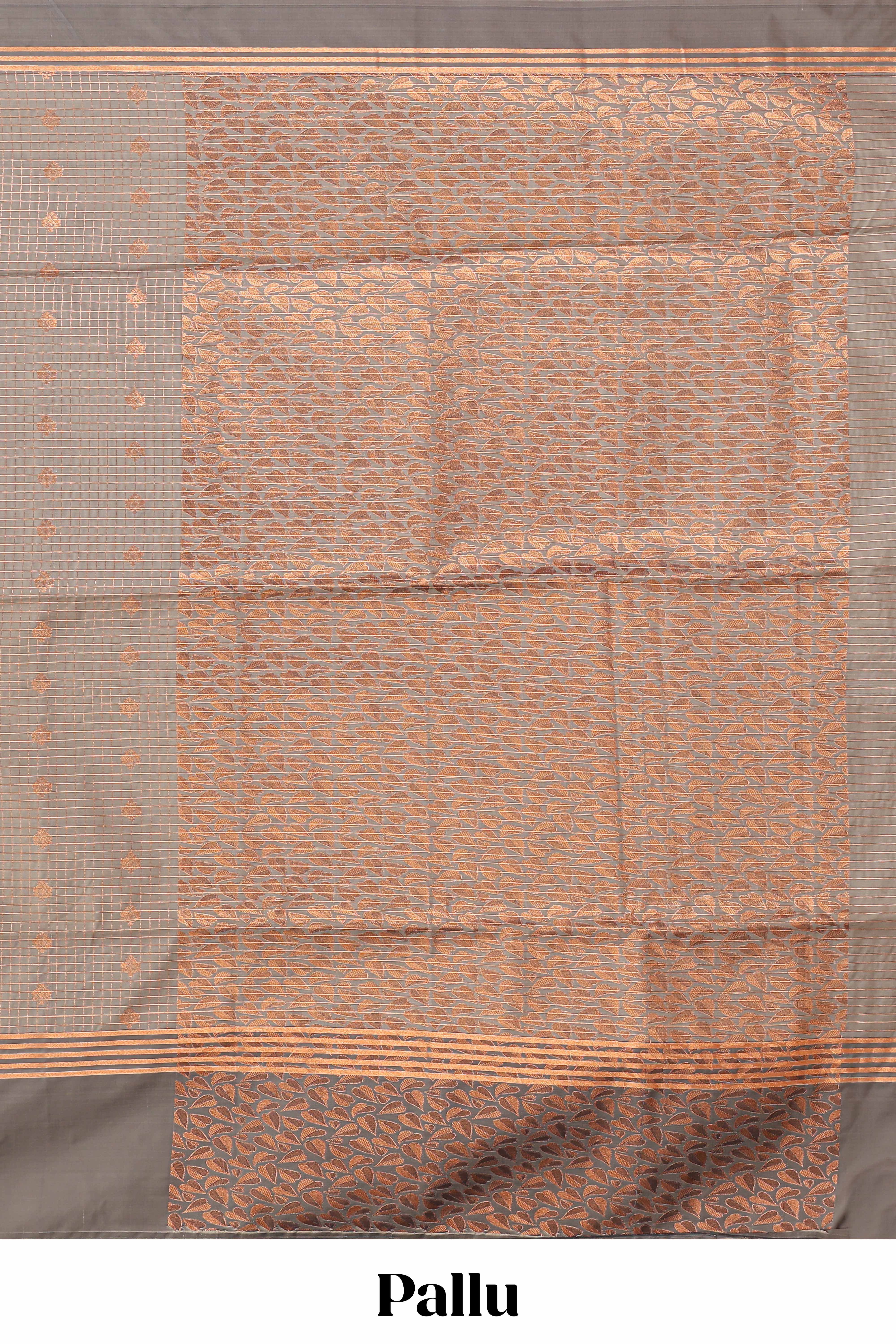Grey checked floral design motifs semi soft silk saree with contrast border and blouse