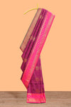 Purple checked floral design motifs semi soft silk saree with contrast border and matching blouse