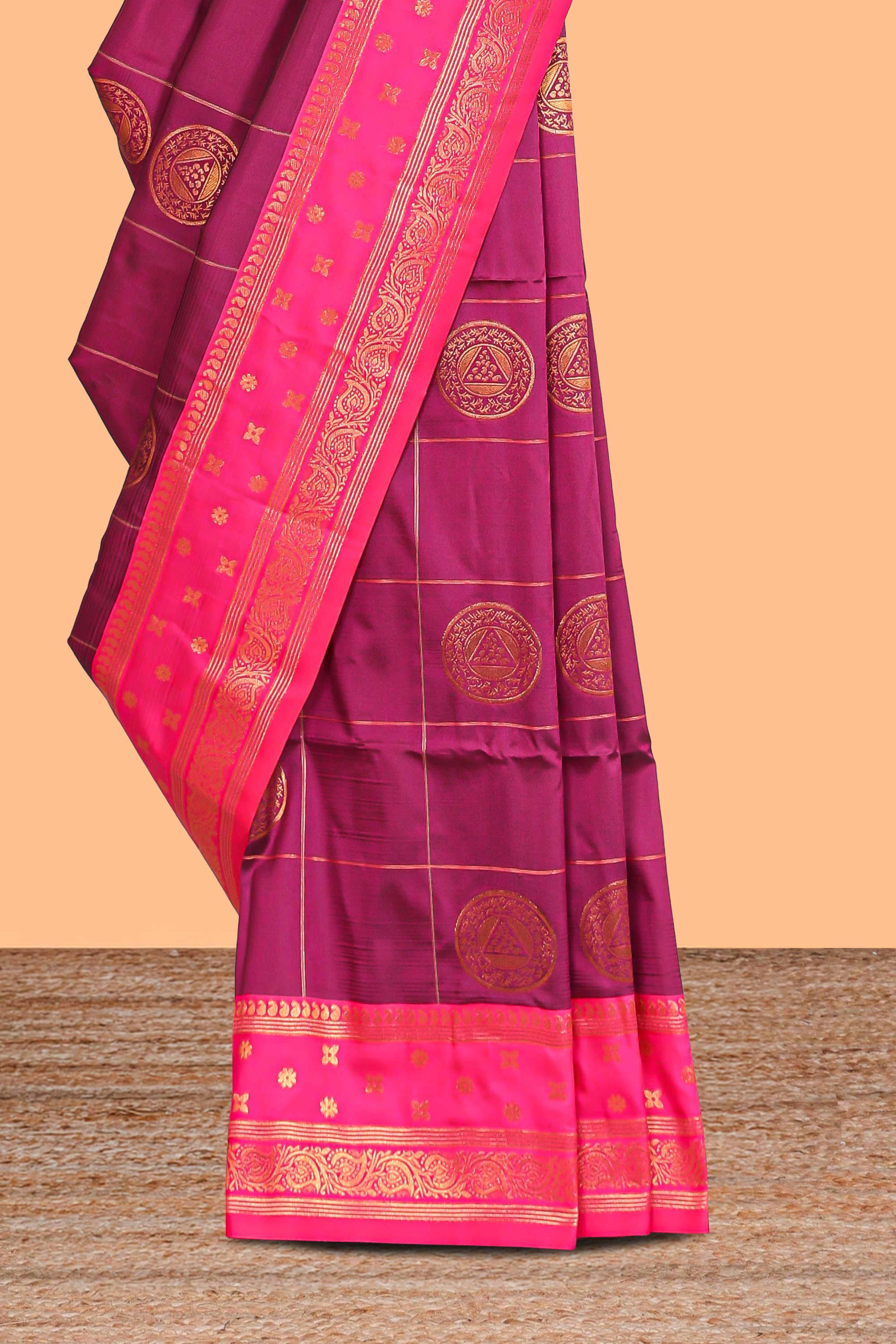 Purple checked floral design motifs semi soft silk saree with contrast border and matching blouse