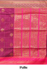 Purple checked floral design motifs semi soft silk saree with contrast border and matching blouse