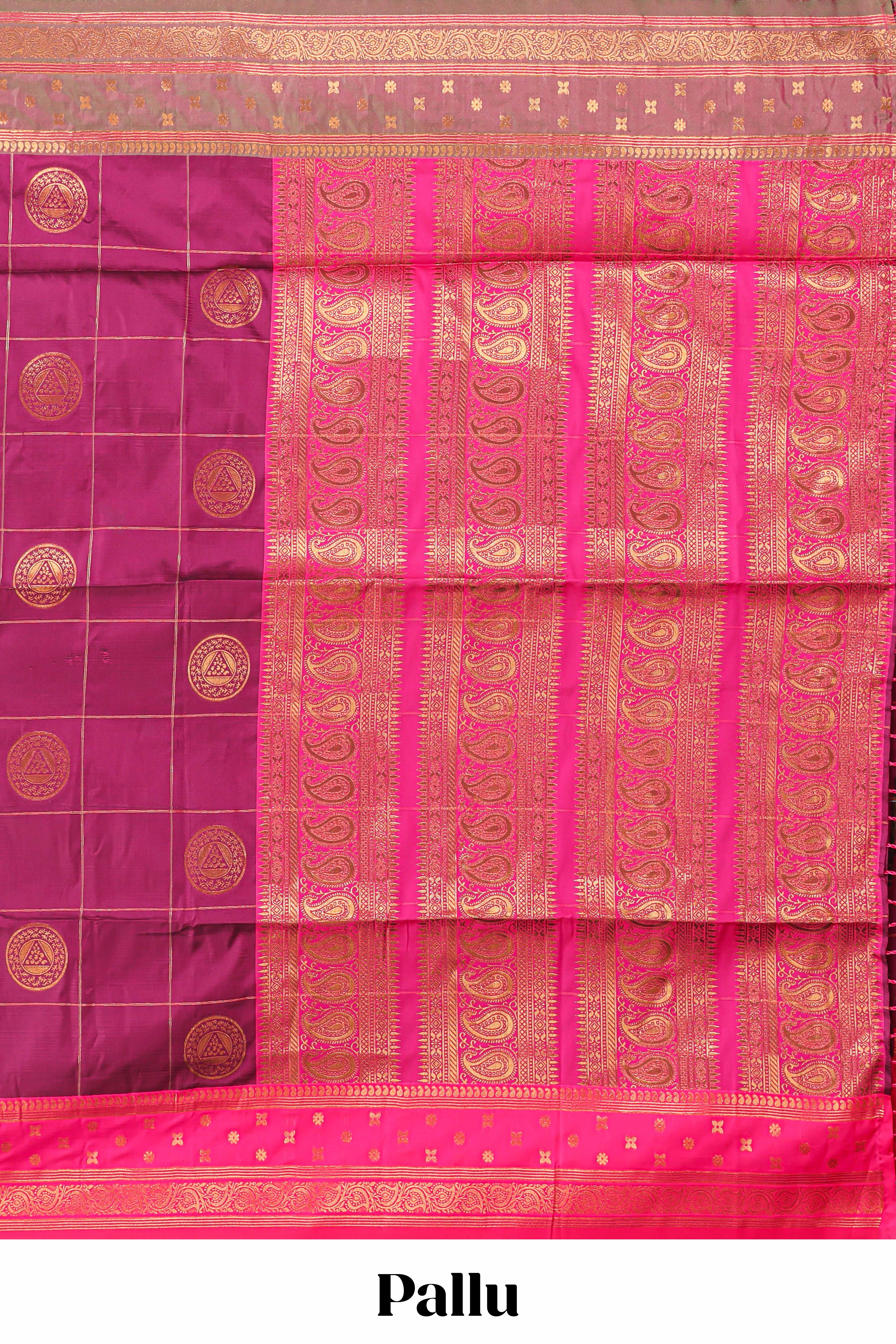 Purple checked floral design motifs semi soft silk saree with contrast border and matching blouse