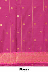 Purple checked floral design motifs semi soft silk saree with contrast border and matching blouse