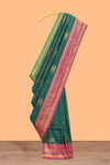 Green checked floral design motifs semi soft silk saree with contrast border and matching blouse
