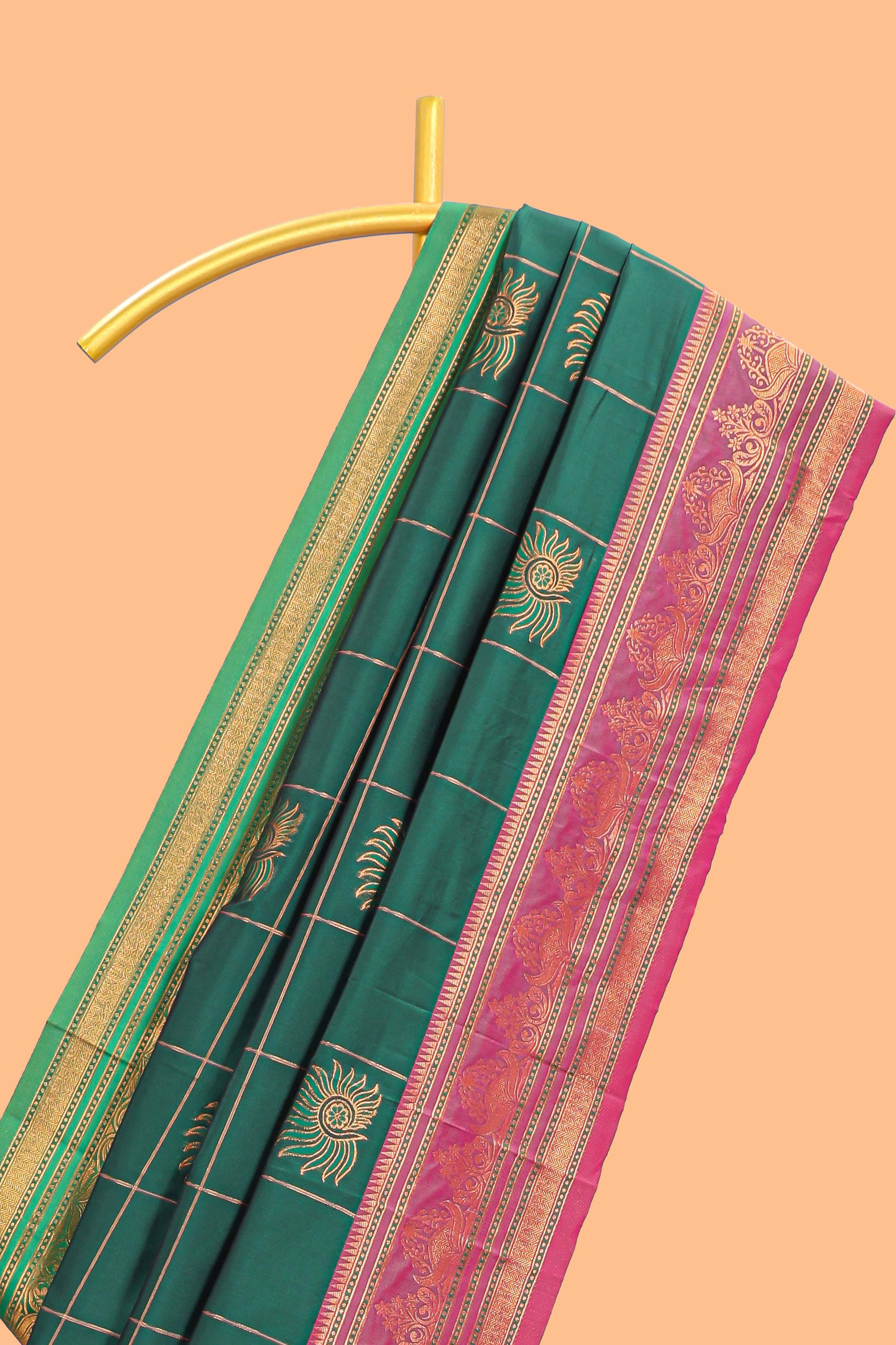 Green checked floral design motifs semi soft silk saree with contrast border and matching blouse