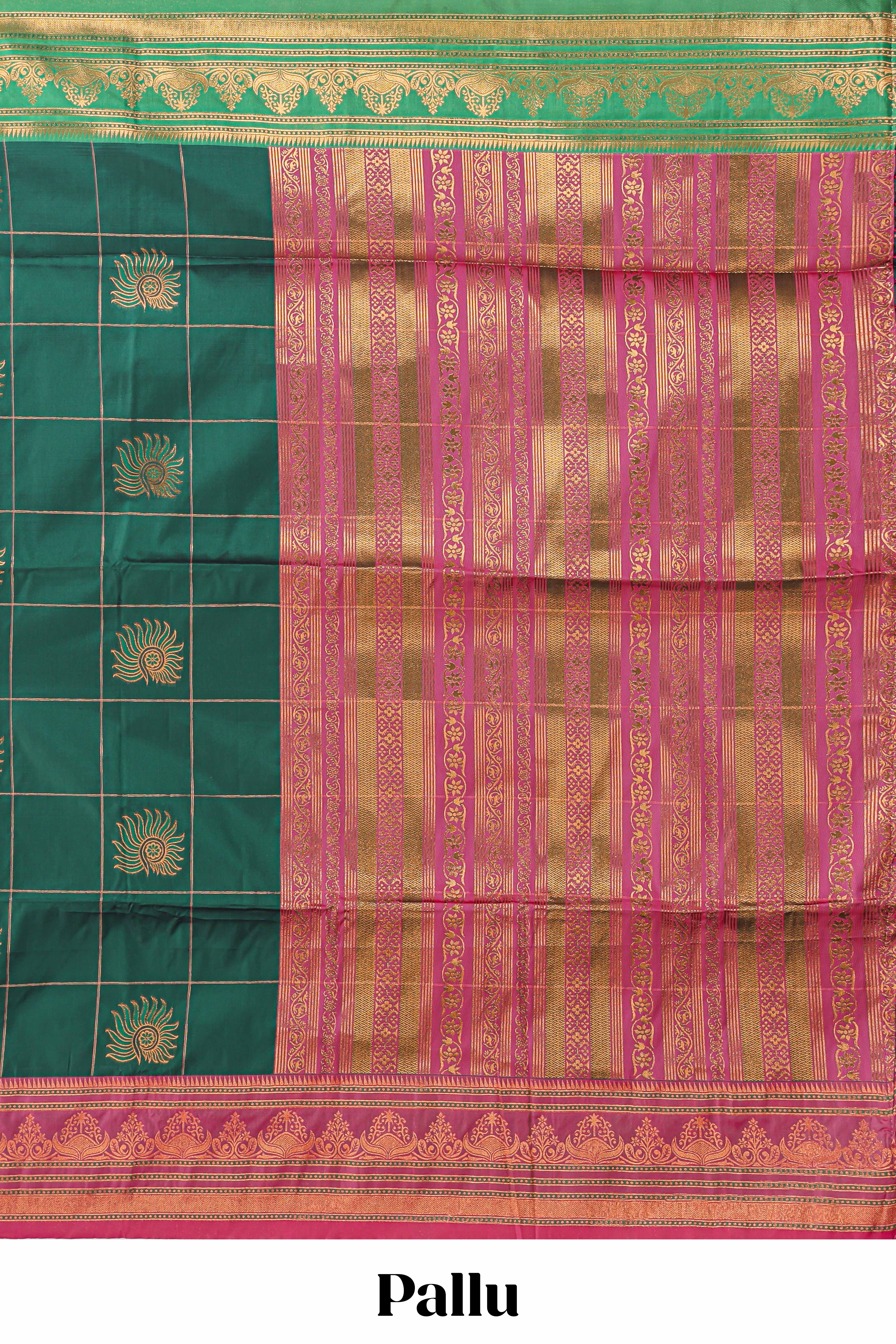 Green checked floral design motifs semi soft silk saree with contrast border and matching blouse