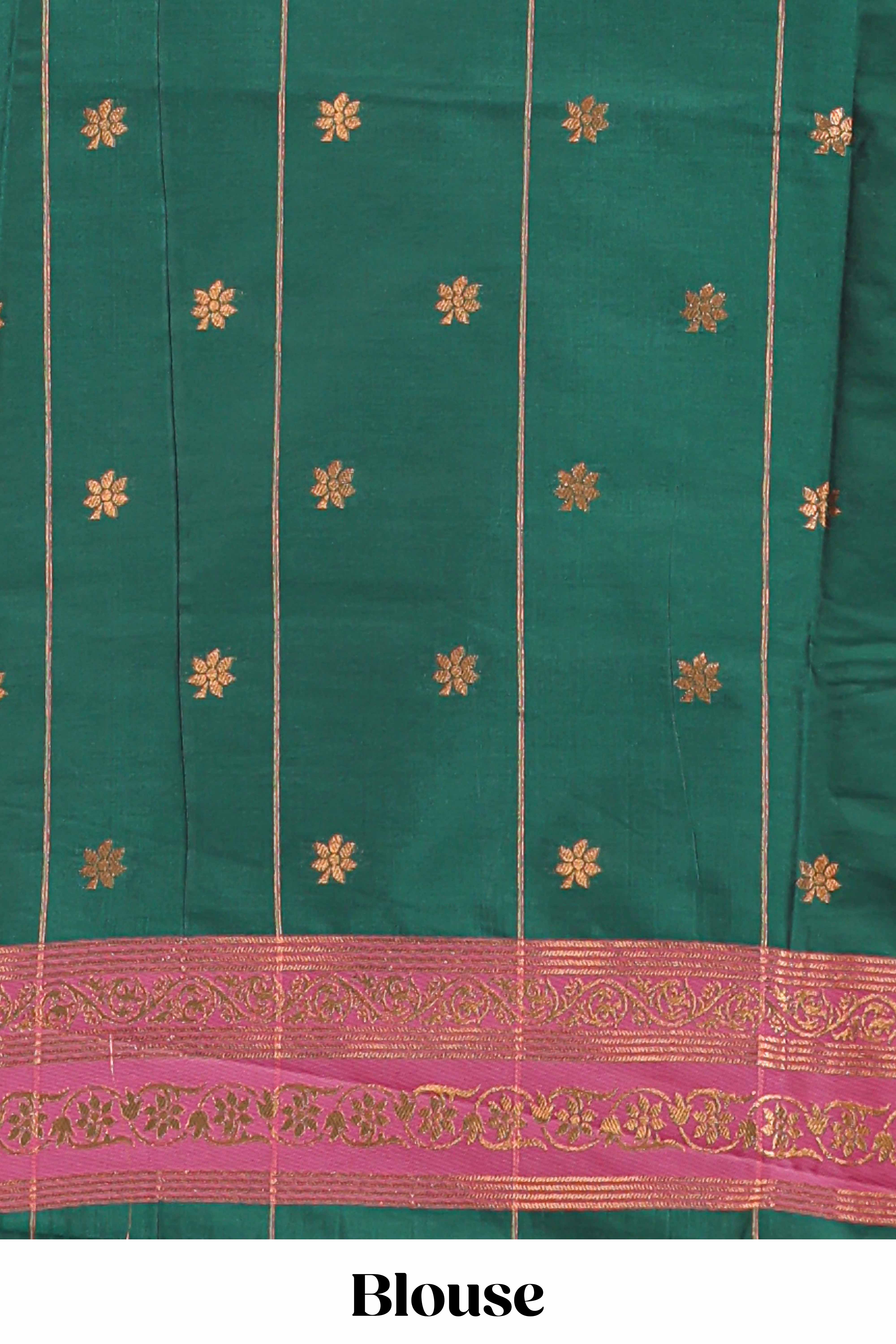 Green checked floral design motifs semi soft silk saree with contrast border and matching blouse