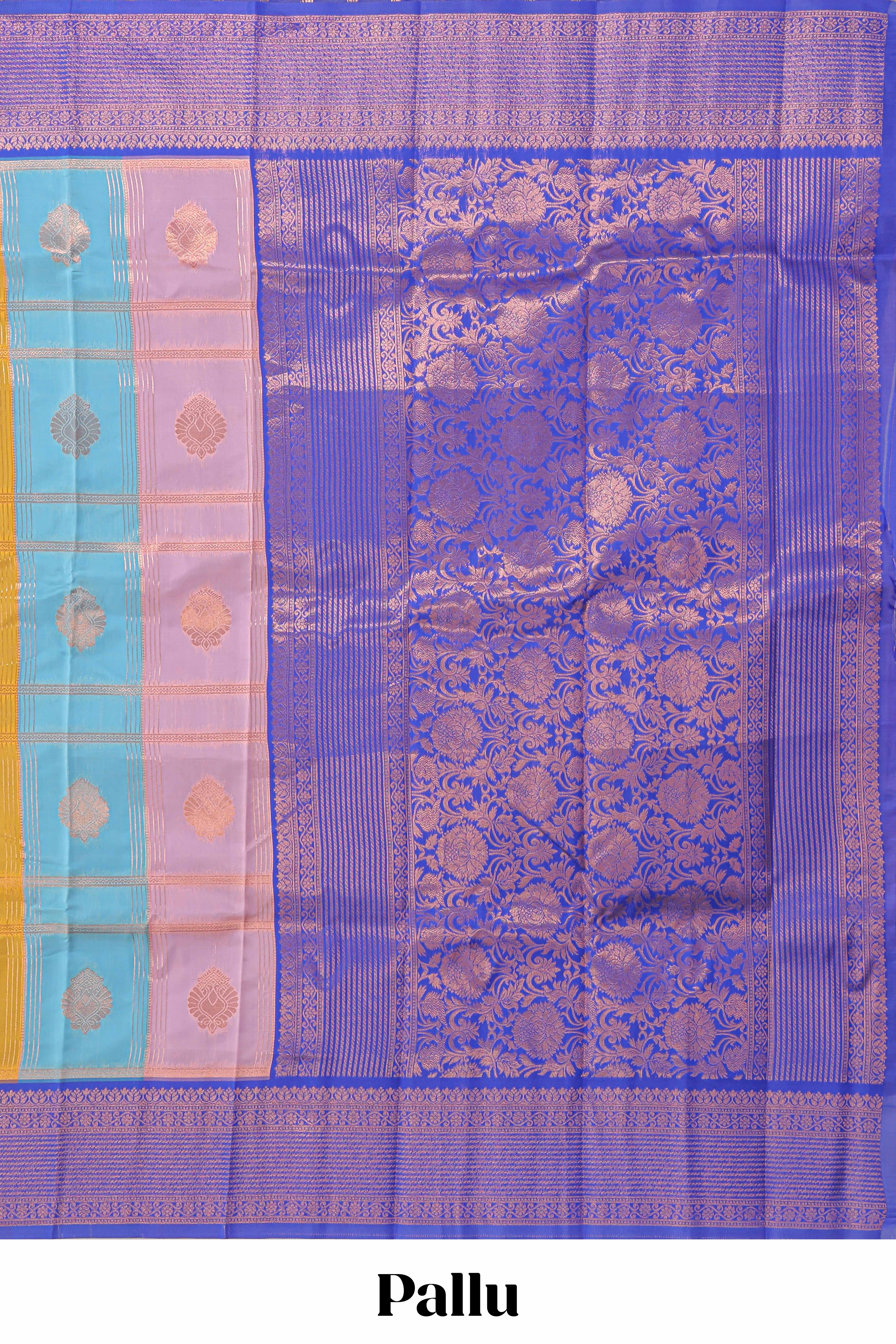 Multi color checked floral design motifs semi soft silk saree with contrast border and blouse