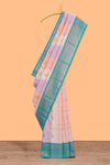 Multi color checked floral design motifs semi soft silk saree with contrast border and blouse