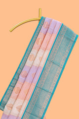 Multi color checked floral design motifs semi soft silk saree with contrast border and blouse