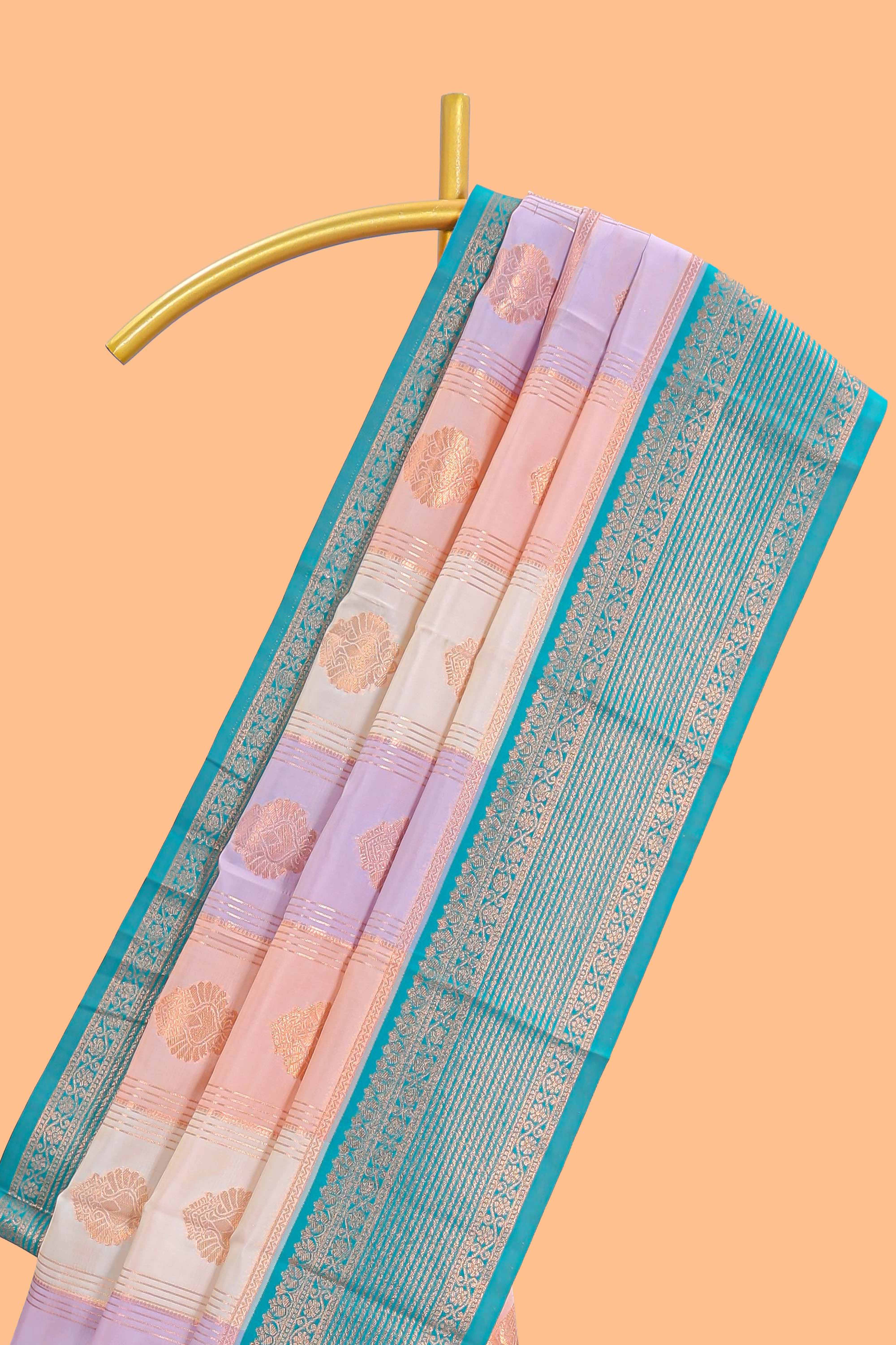 Multi color checked floral design motifs semi soft silk saree with contrast border and blouse