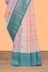 Multi color checked floral design motifs semi soft silk saree with contrast border and blouse
