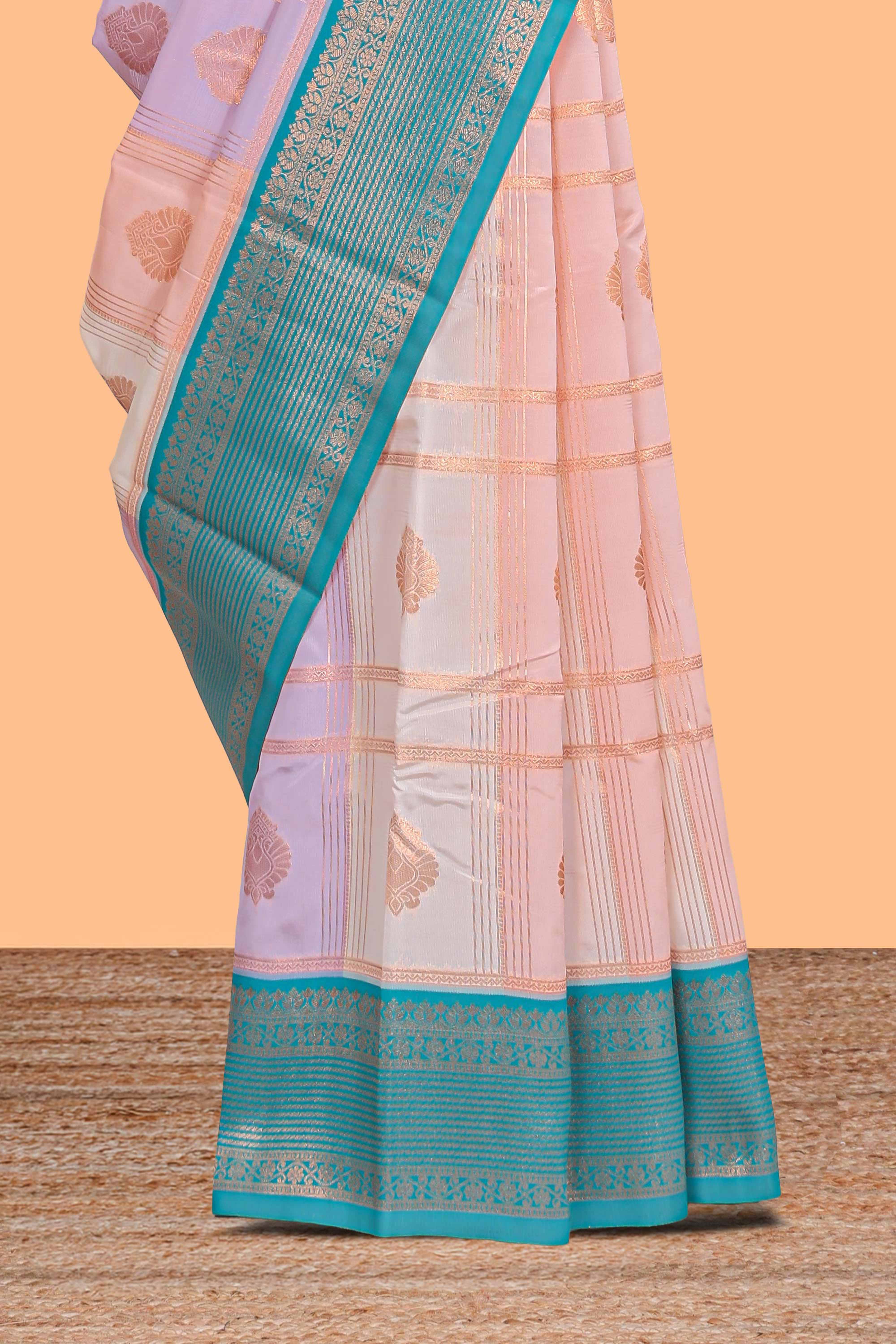Multi color checked floral design motifs semi soft silk saree with contrast border and blouse