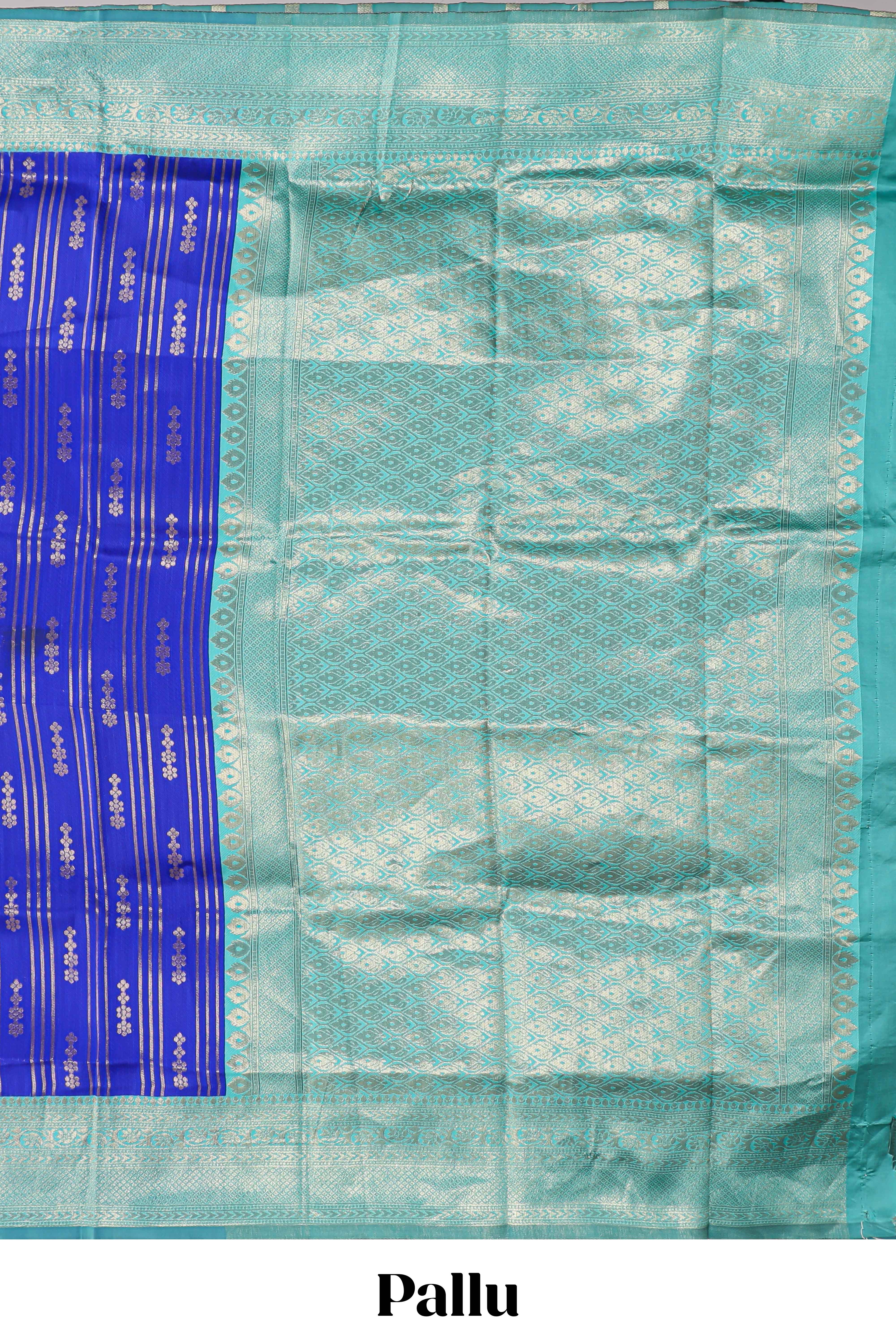 Blule striped and butta detailed Semi Soft Silk Saree with contrast teal blue zari border along with contrasting blouse