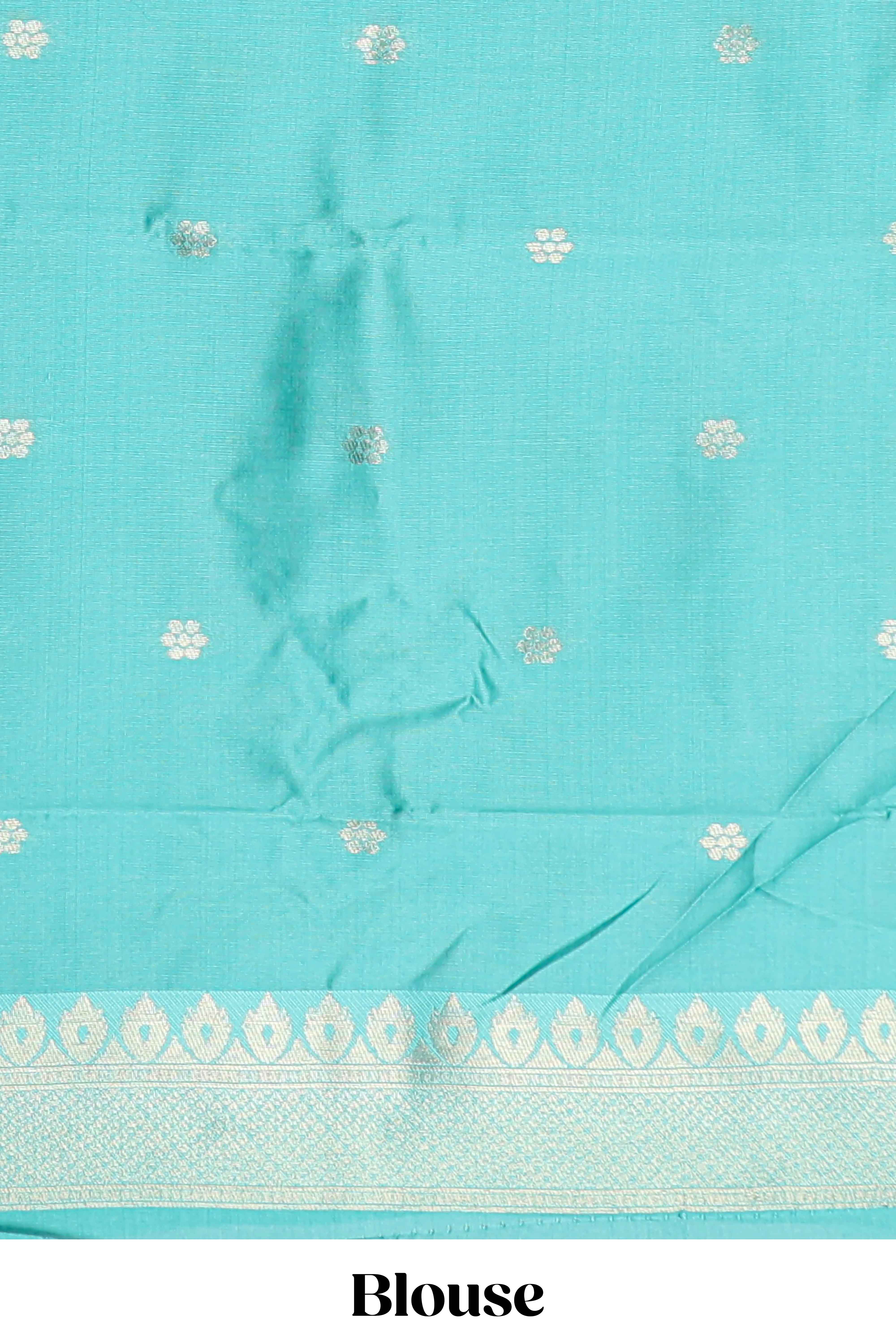 Blule striped and butta detailed Semi Soft Silk Saree with contrast teal blue zari border along with contrasting blouse