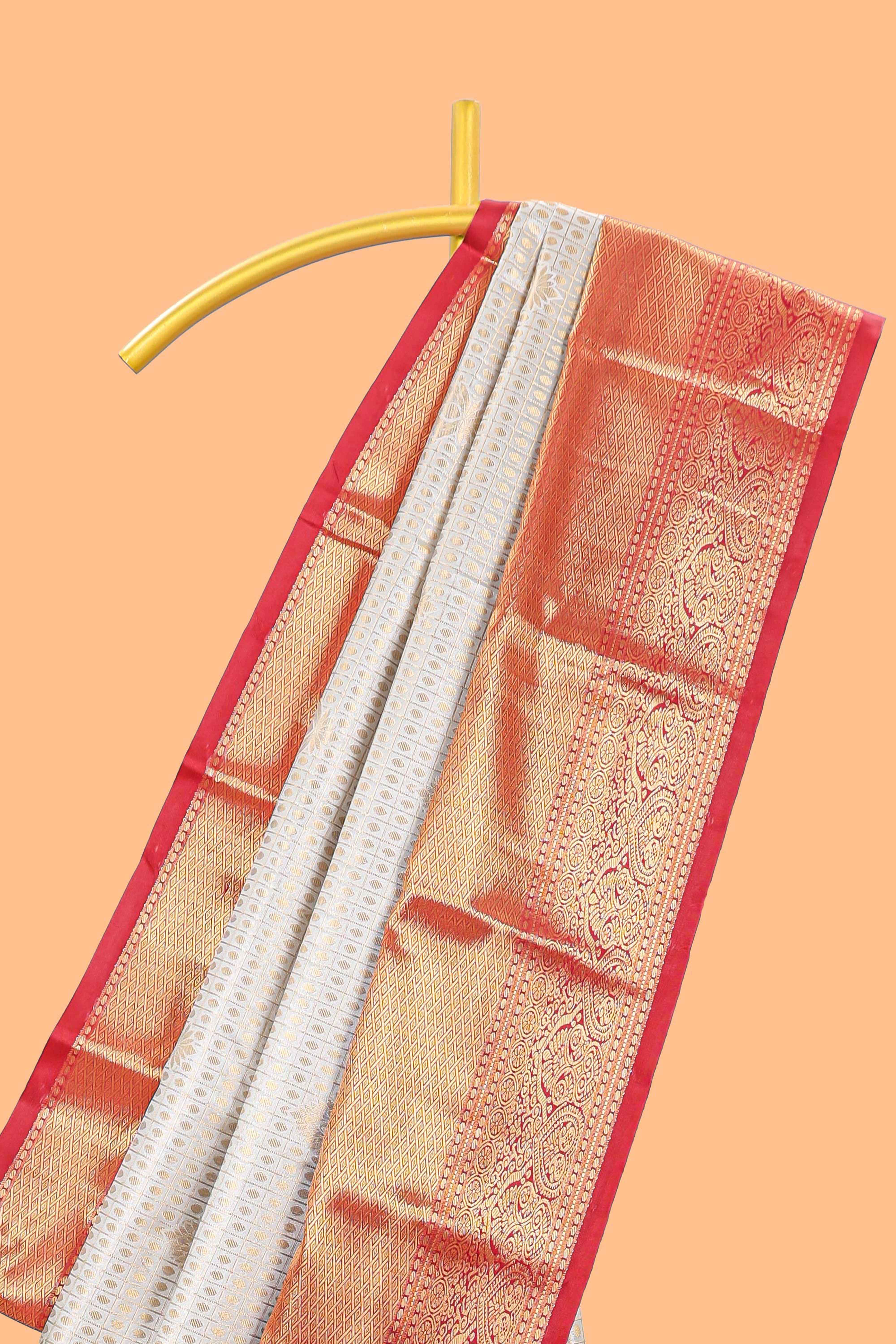 Cream shade checked butta design Semi Soft Silk Saree with contrast zari border along with contrasting blouse