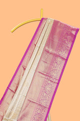 Cream shade checked butta design Semi Soft Silk Saree with pink contrast zari border along with contrasting blouse