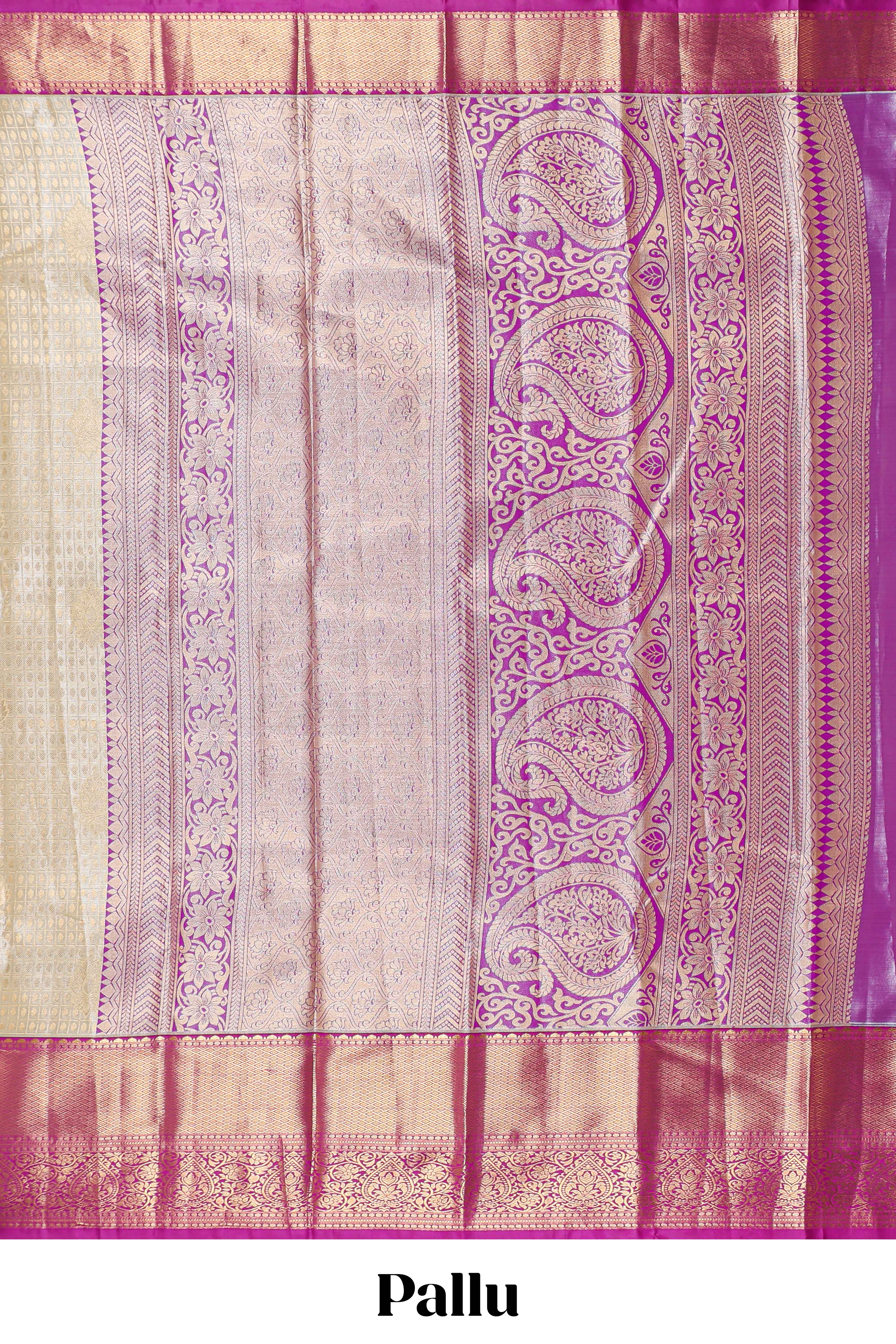 Cream shade checked butta design Semi Soft Silk Saree with pink contrast zari border along with contrasting blouse