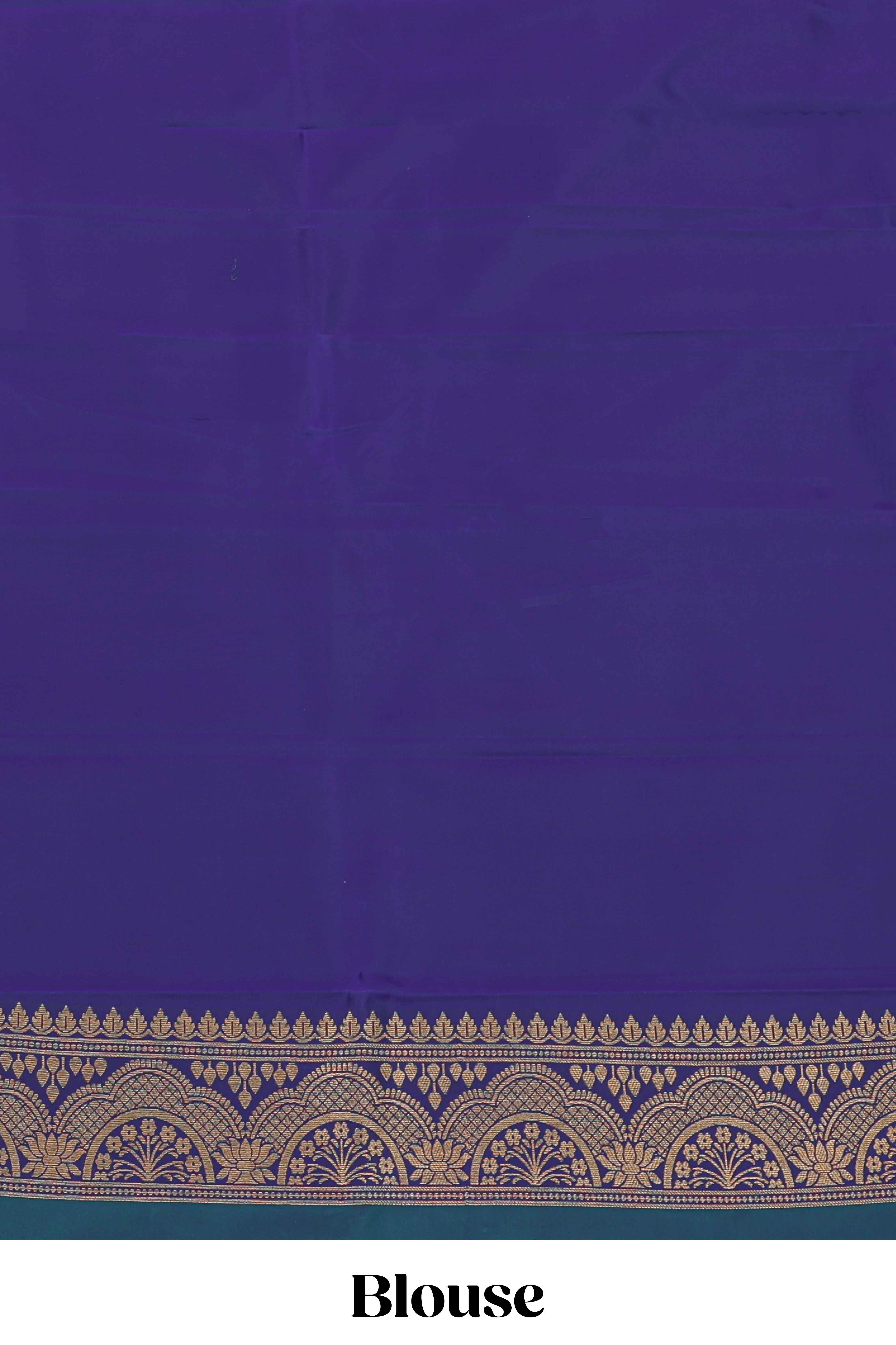 Peacock blue striped zari motifs semi soft silk saree with contrast border and blouse