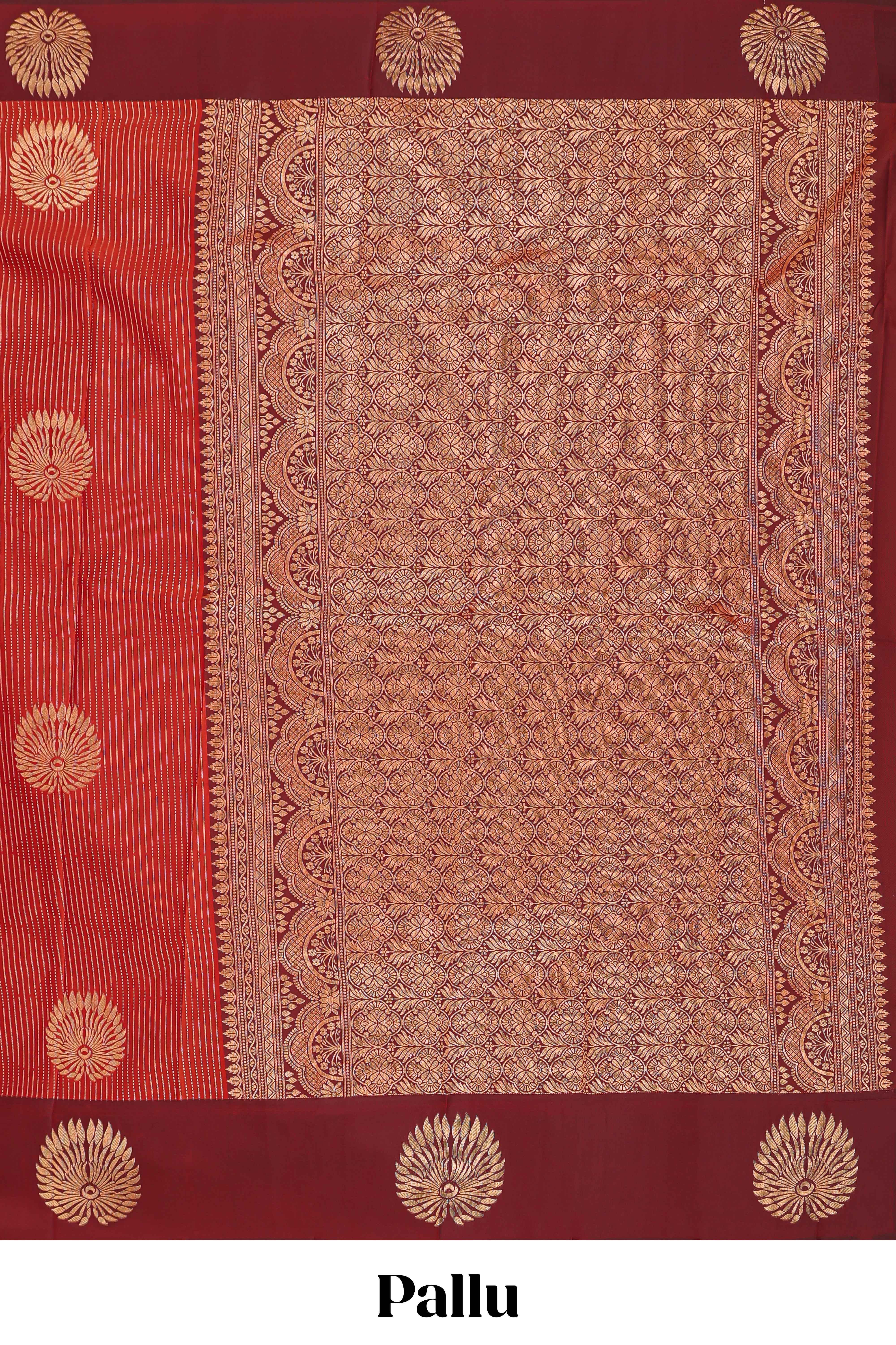 Red striped zari motifs semi soft silk saree with contrast border and blouse