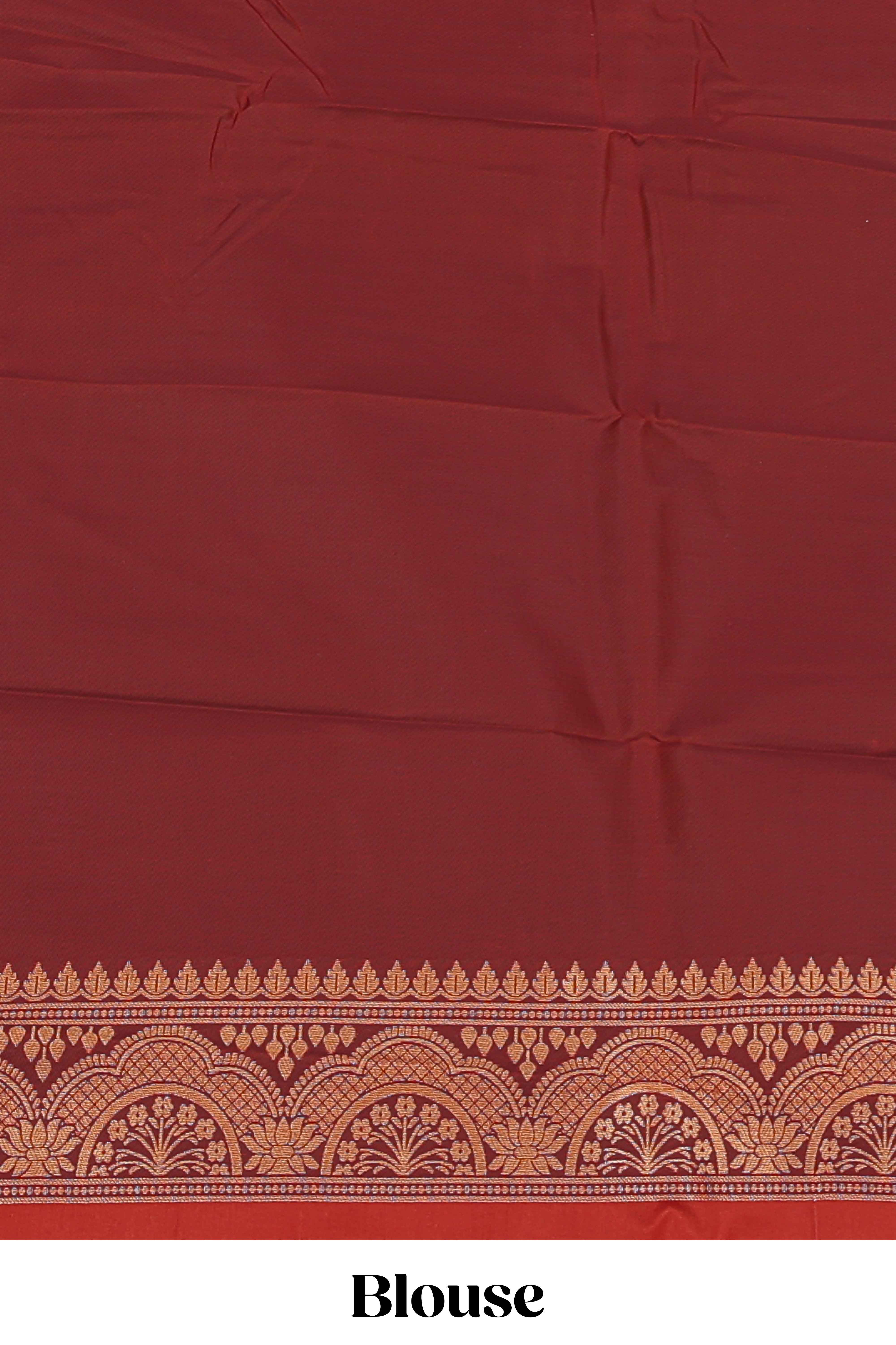 Red striped zari motifs semi soft silk saree with contrast border and blouse