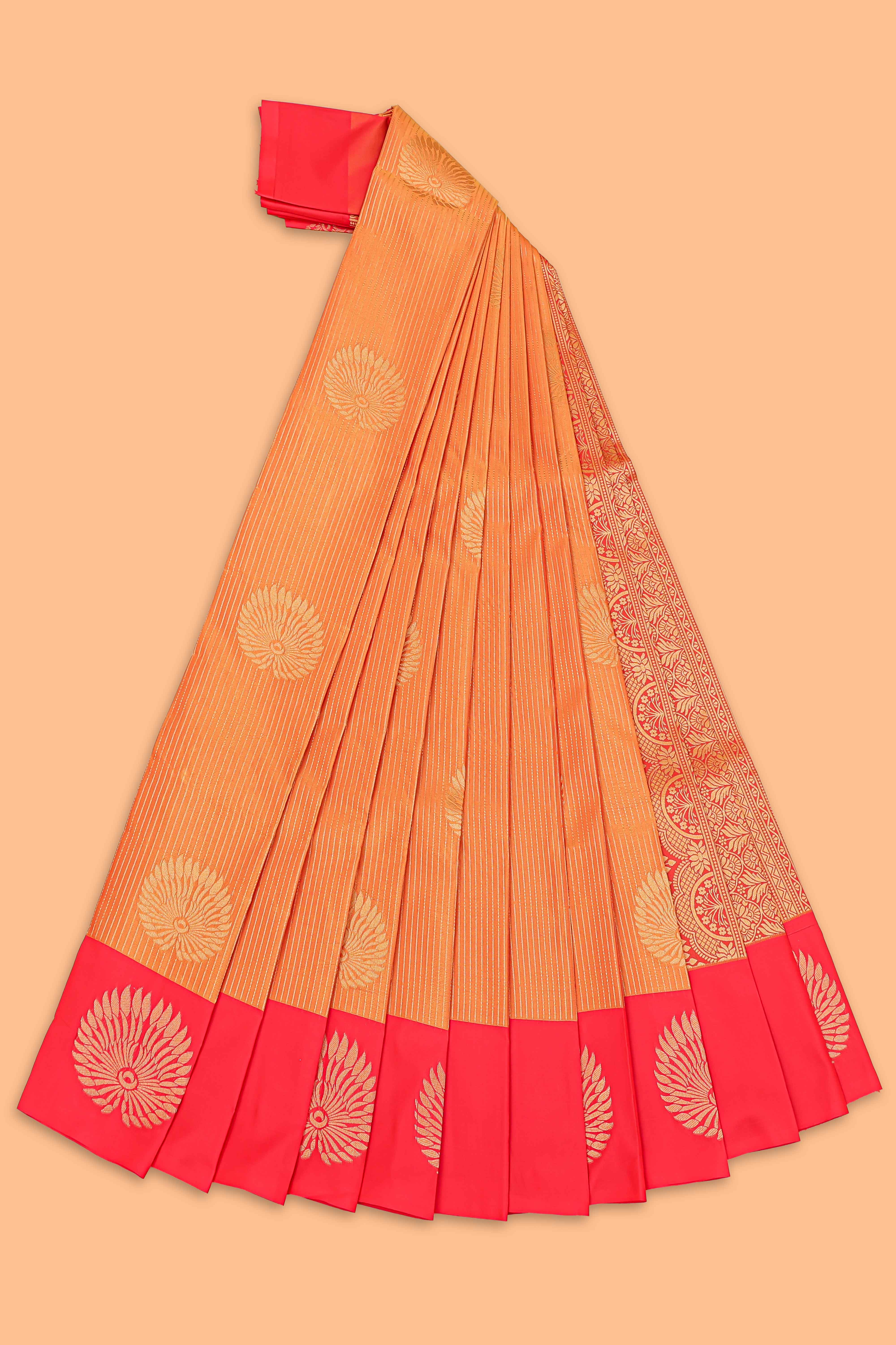 Orange striped zari motifs semi soft silk saree with contrast border and blouse