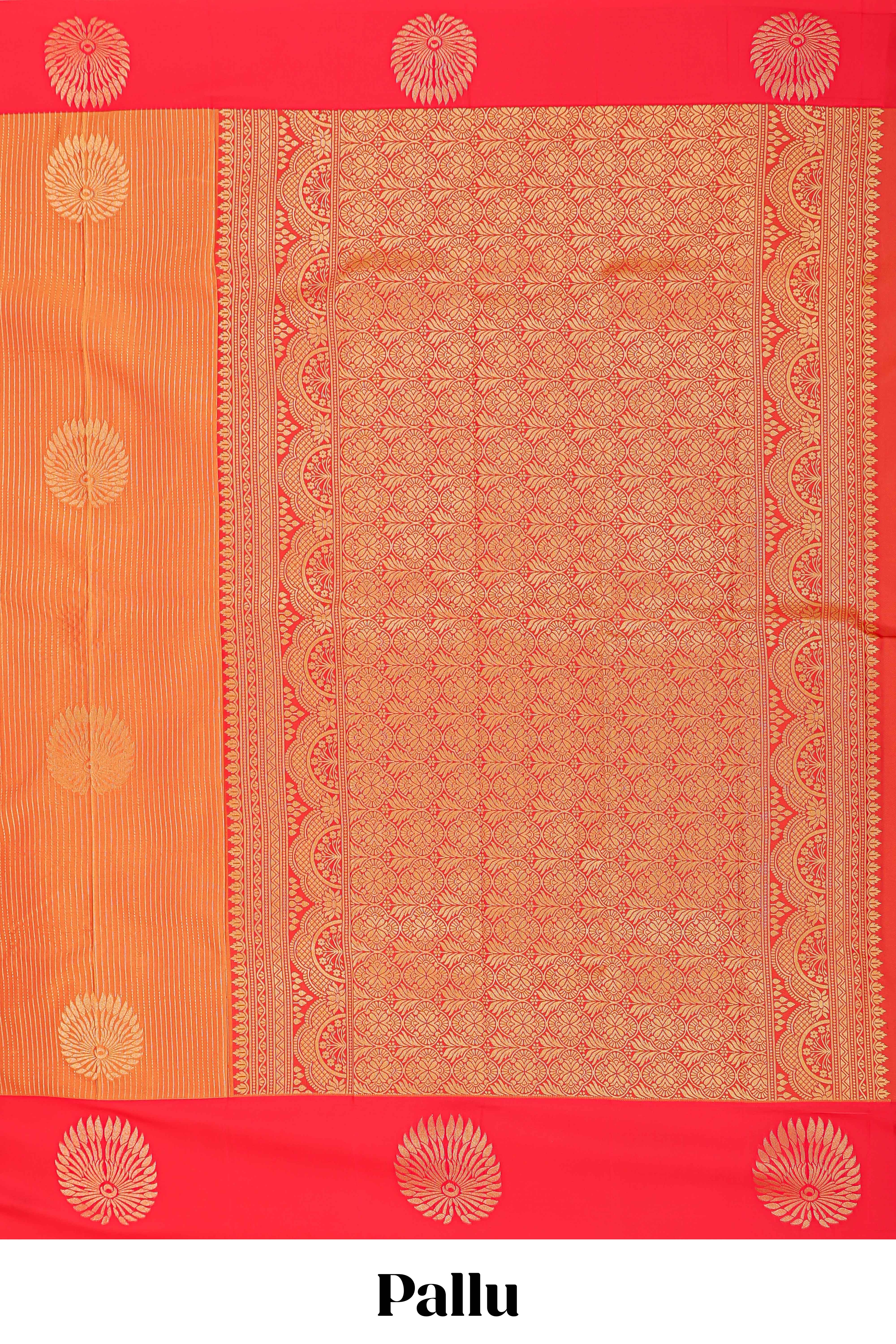Orange striped zari motifs semi soft silk saree with contrast border and blouse