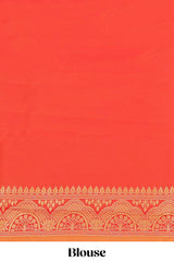Orange striped zari motifs semi soft silk saree with contrast border and blouse